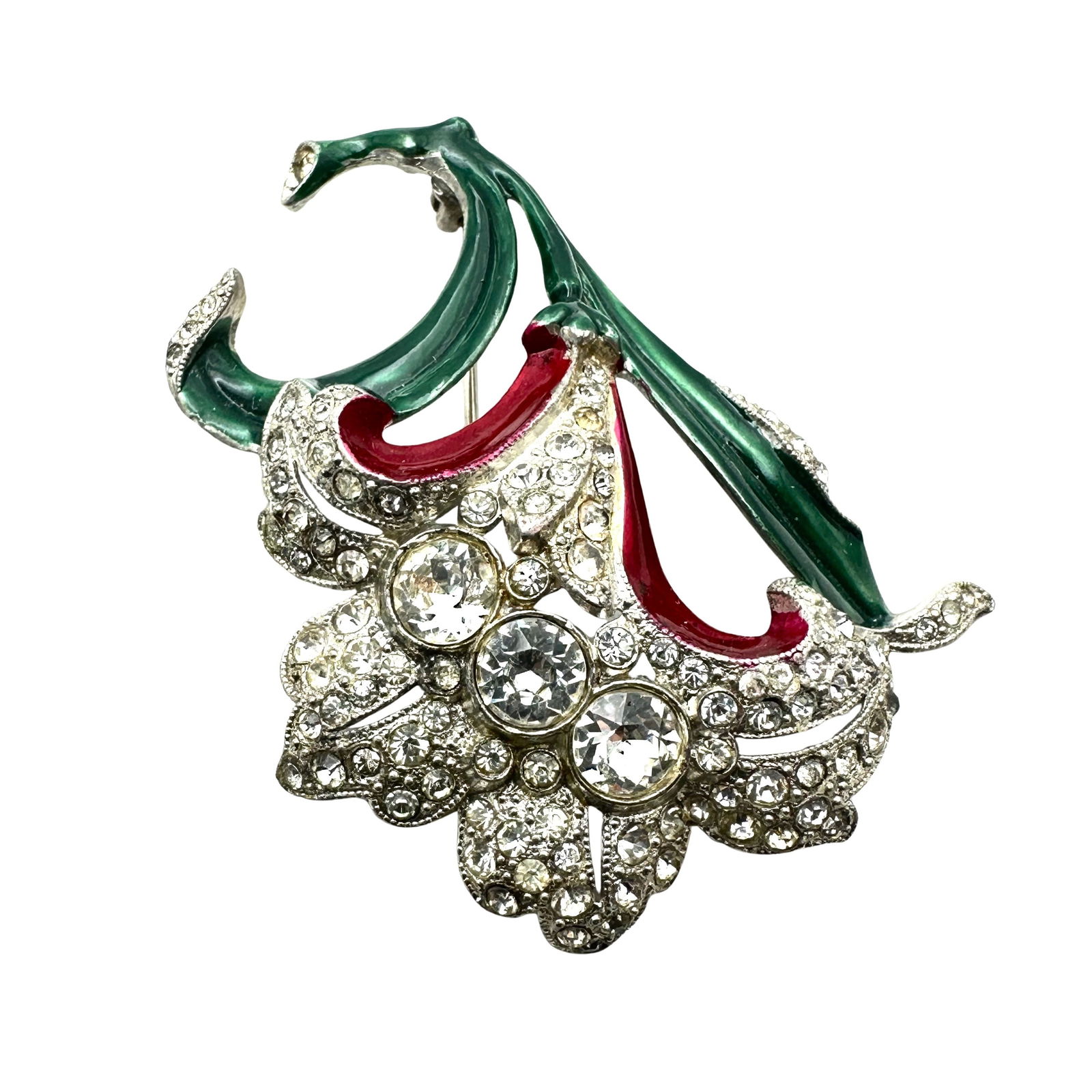 Vintage 1940s Era Enamel Clear Rhinestone Silver Pot Metal Flower Brooch Pin 2.5 Inch (1 of 2)