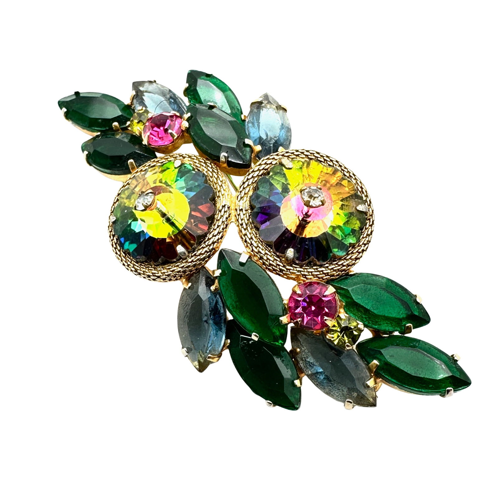 Vintage Juliana Rainbow Rivoli Glass Rhinestone Gold Tone Brooch Pin 3 Inch: Vintage Juliana Rainbow Rivoli Glass Rhinestone Gold Tone Brooch Pin 3 Inch