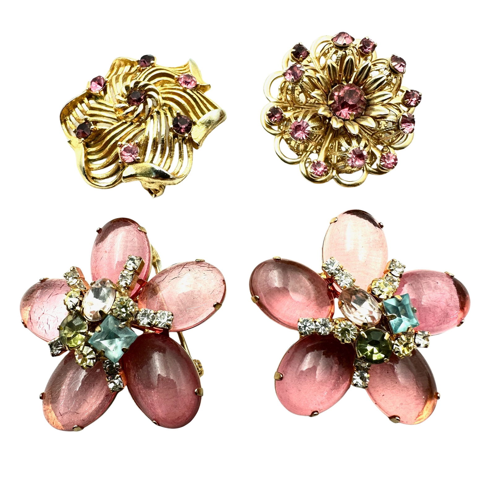 Vintage Jewelry Group Lot of Four Pink Rhinestone Brooches Pins One Lisner (1 of 2)