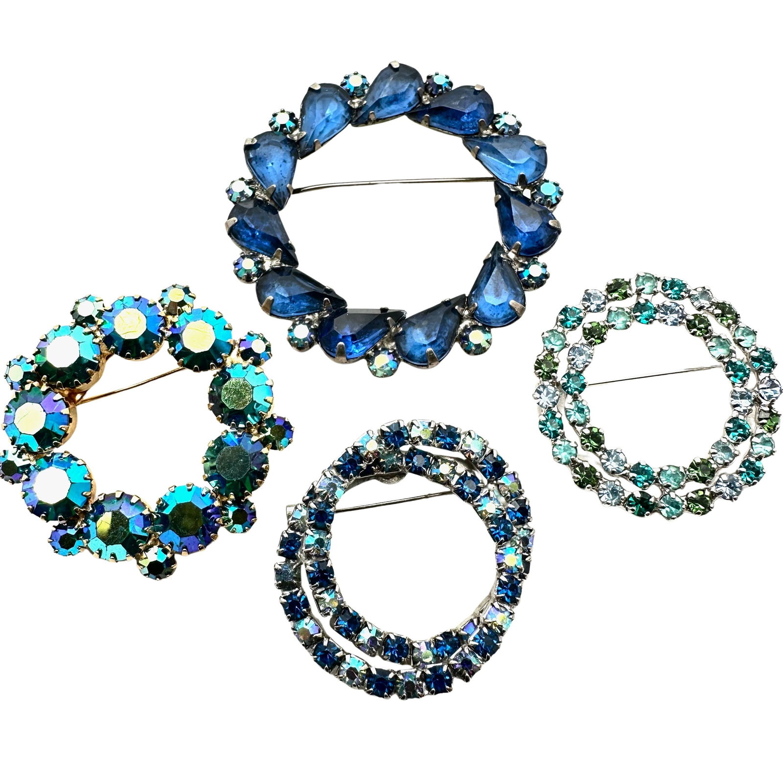 Vintage Jewelry Group Lot of Four Blue Glass Rhinestone Circle Brooches (1 of 2)
