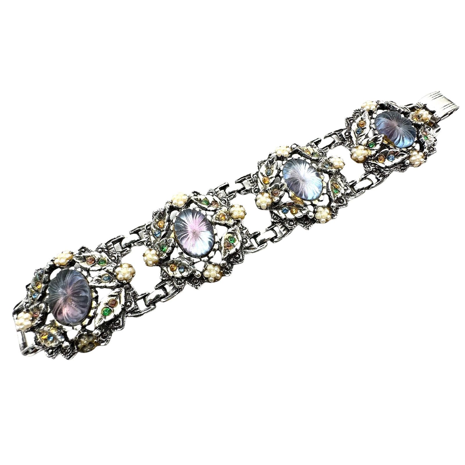 Vintage Multicolor Rhinestone Wide Silver Tone Bracelet 7 Inch (1 of 2)