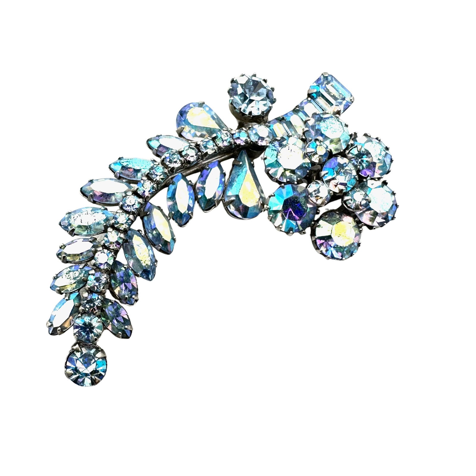 Vintage High End Blue Aurora Borealis Glass Rhinestone Silver Tone Flower Brooch Pin 3 Inch (1 of 2)
