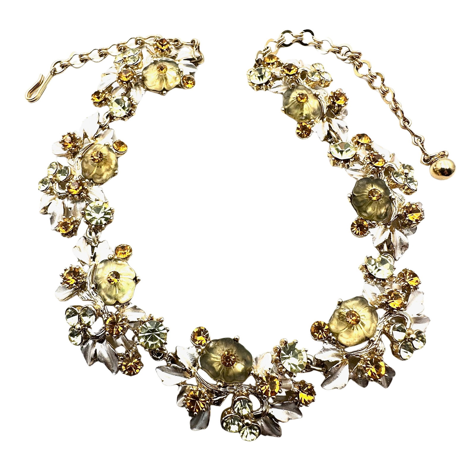 Vintage Florenza Pressed Glass Orange Yellow Crystal Gold Tone Necklace 16 Inch: Vintage Florenza Pressed Glass Orange Yellow Crystal Gold Tone Necklace 16 Inch