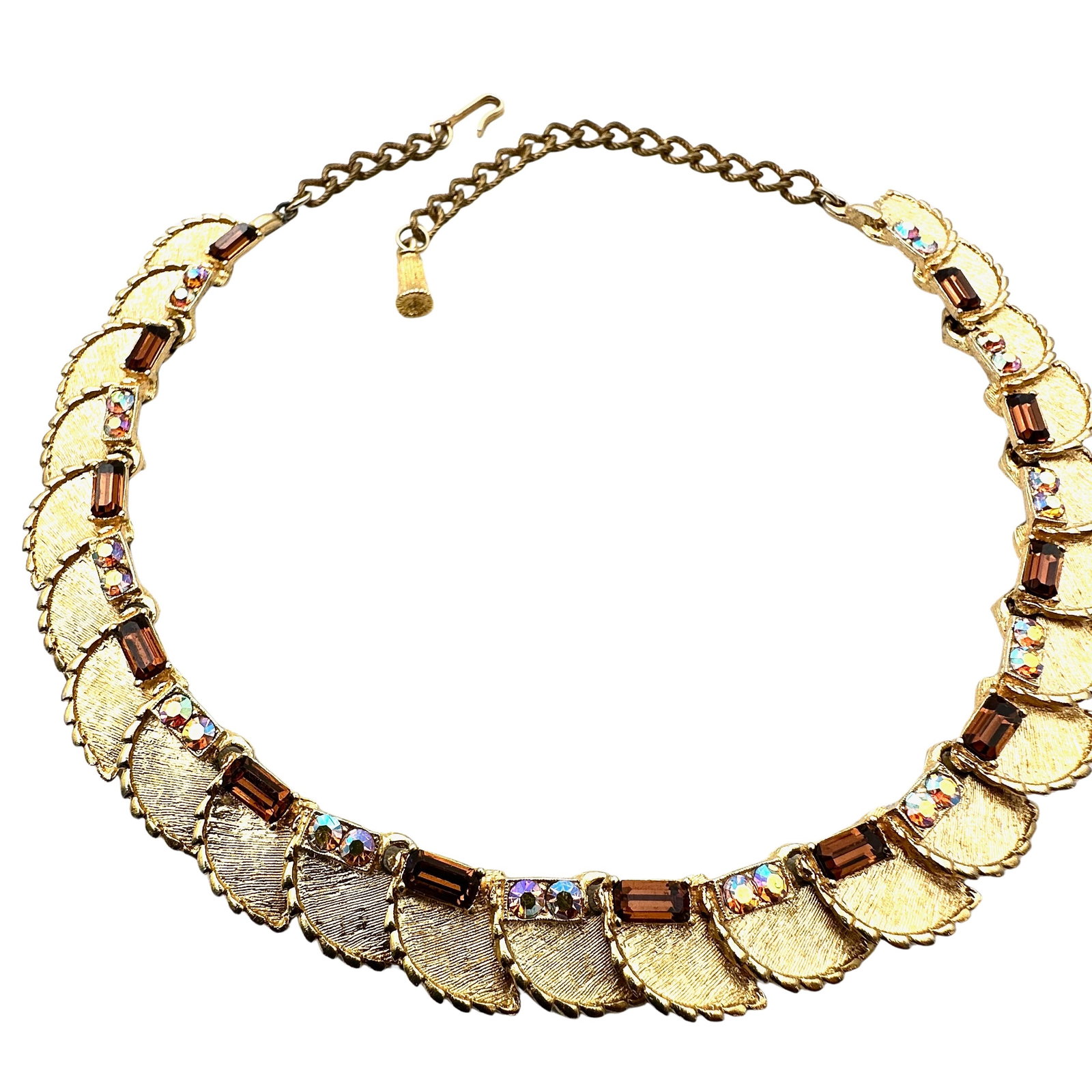 Vintage BSK Amber Aurora Borealis Glass Rhinestone Gold Tone Necklace 16 Inch: Vintage BSK Amber Aurora Borealis Glass Rhinestone Gold Tone Necklace 16 Inch