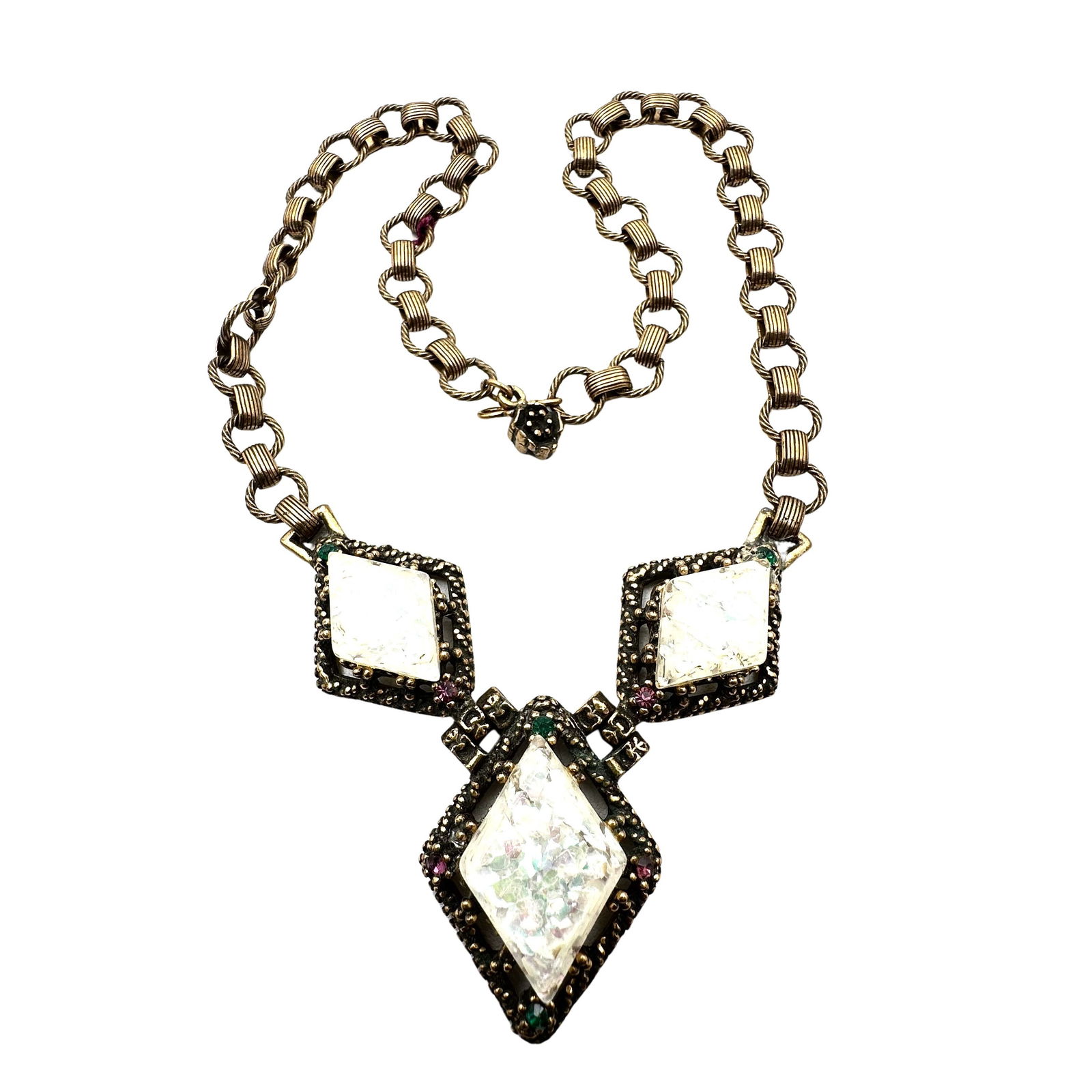 Vintage Multicolor Rhinestone Confetti Lucite Antiqued Gold Tone Necklace 16 Inch (1 of 2)