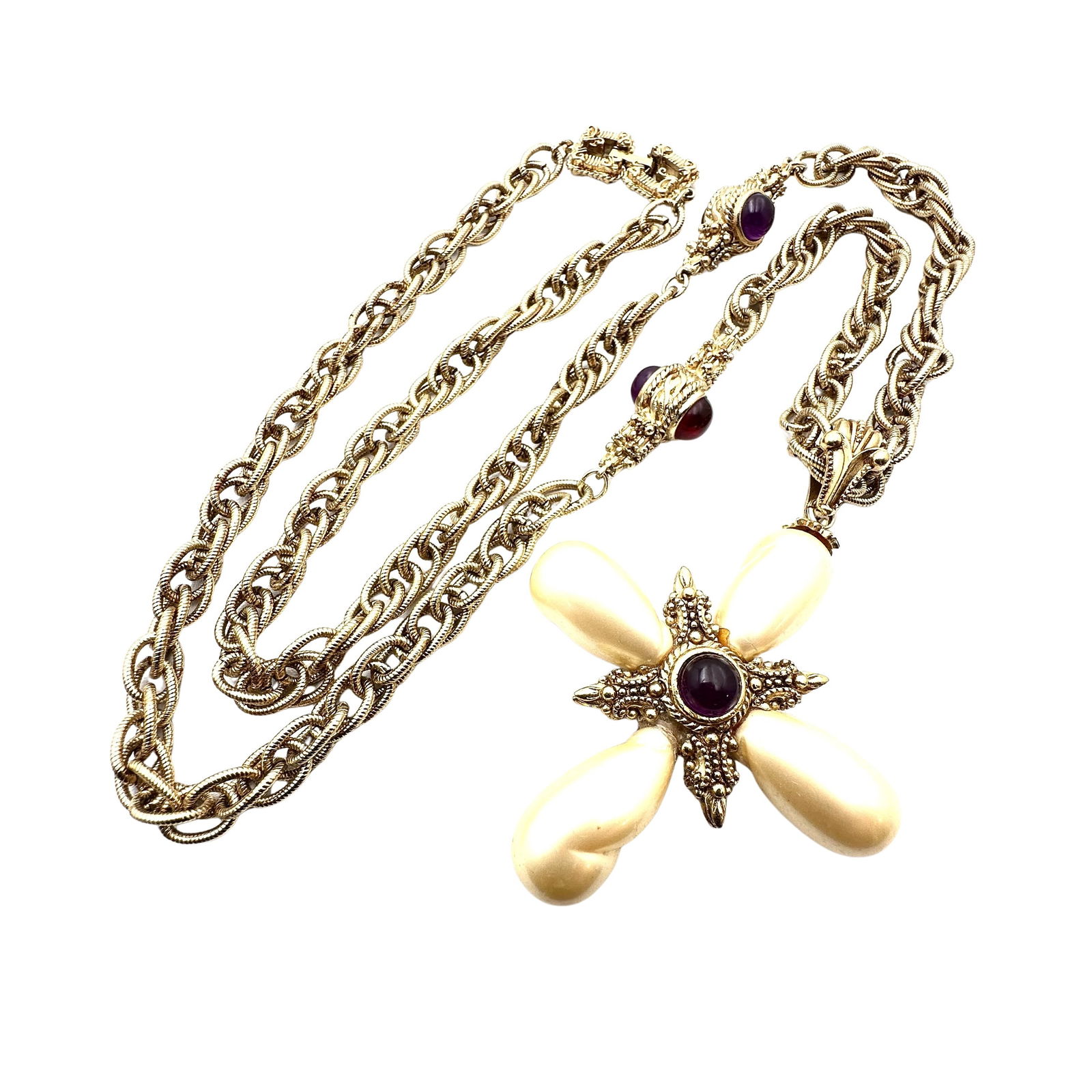 Vintage Givenchy Baroque Pearl Cross Gripoix Glass Cabochon Gold Tone Necklace: Vintage Givenchy Baroque Pearl Cross Gripoix Glass Cabochon Gold Tone Necklace