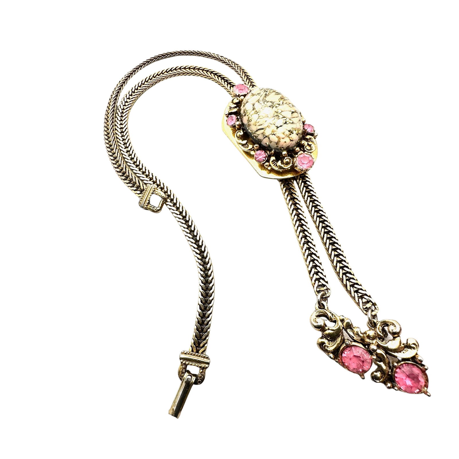 Vintage Unsigned Selro Selini Pink Rhinestone Confetti Cabochon Gold Tone Lariat Necklace Adjustable (1 of 2)