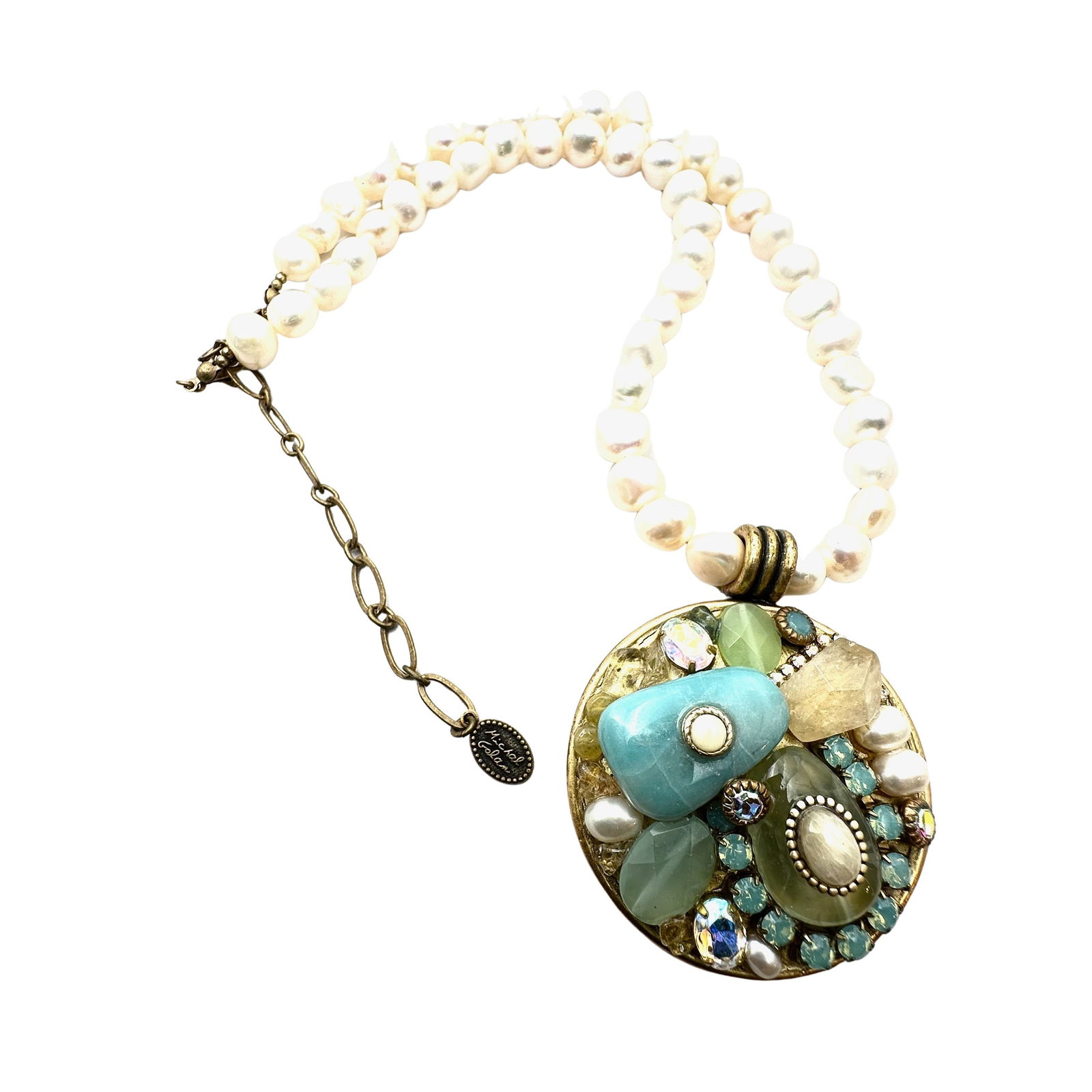 Michal Golan Blue Green Gemstone Pearl Pendant Necklace 16 to 18 Inch (1 of 2)