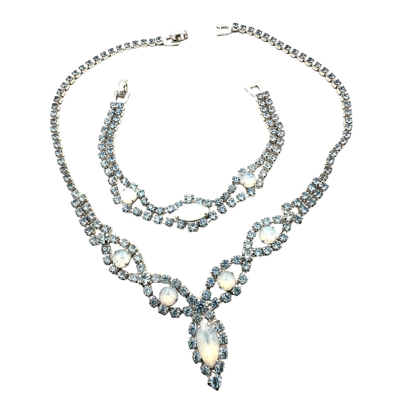 Vintage Light Blue Glass Rhinestone 16 Inch Necklace 7 Inch Bracelet Silver Tone Set (1 of 2)