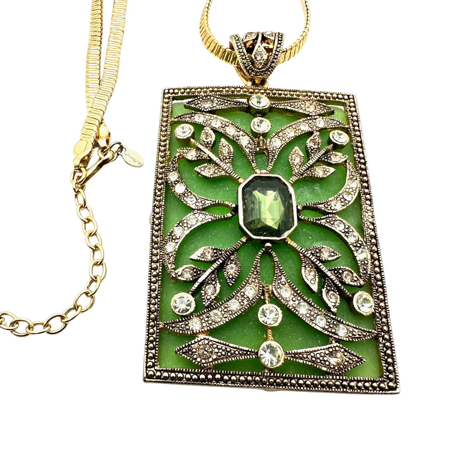 Vintage Green Crystal Large 3 Inch Pendant 16 Inch Gold Tone Necklace (1 of 2)
