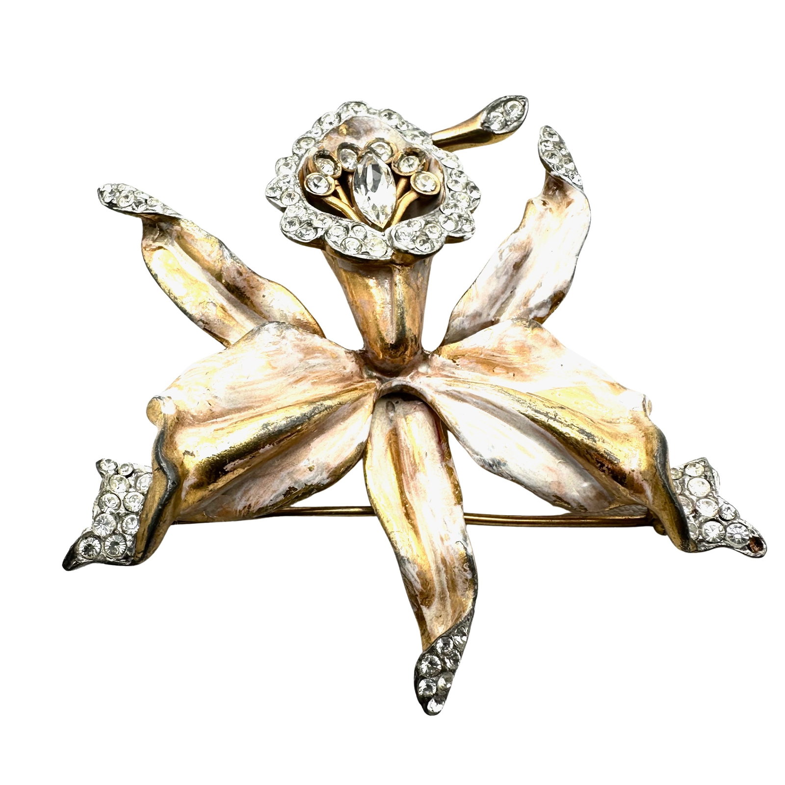 Antique Vintage Gold Over Silver Pot Metal Pink Enamel Clear Crystal Flower Brooch Pin 3 Inch: Antique Vintage Gold Over Silver Pot Metal Pink Enamel Clear Crystal Flower Brooch Pin 3 Inch
