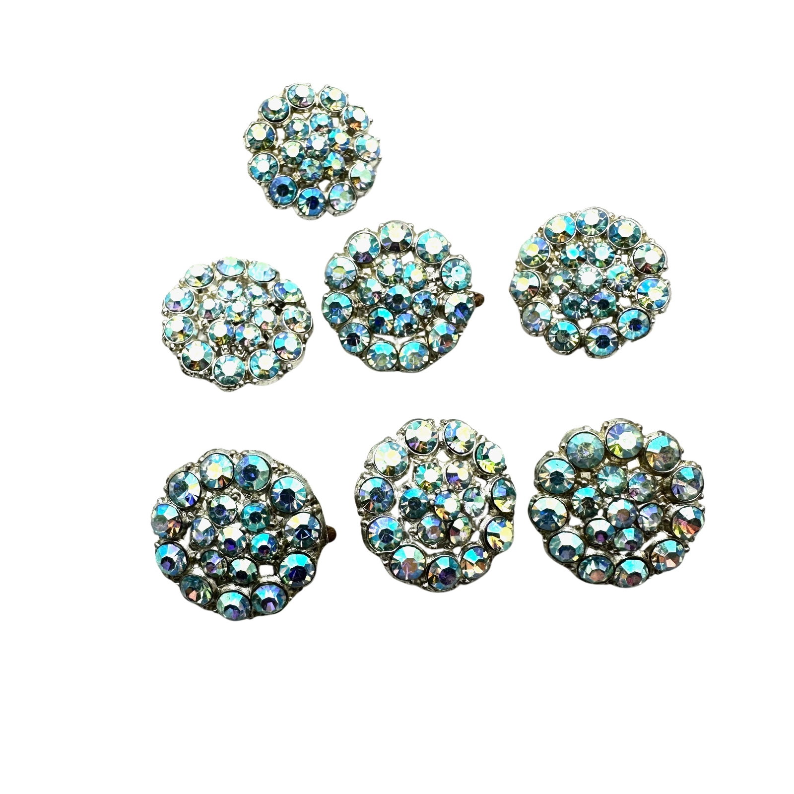Antique Blue Aurora Borealis Glass Rhinestone Silver Pot Metal Buttons Group: Antique Blue Aurora Borealis Glass Rhinestone Silver Pot Metal Buttons Group