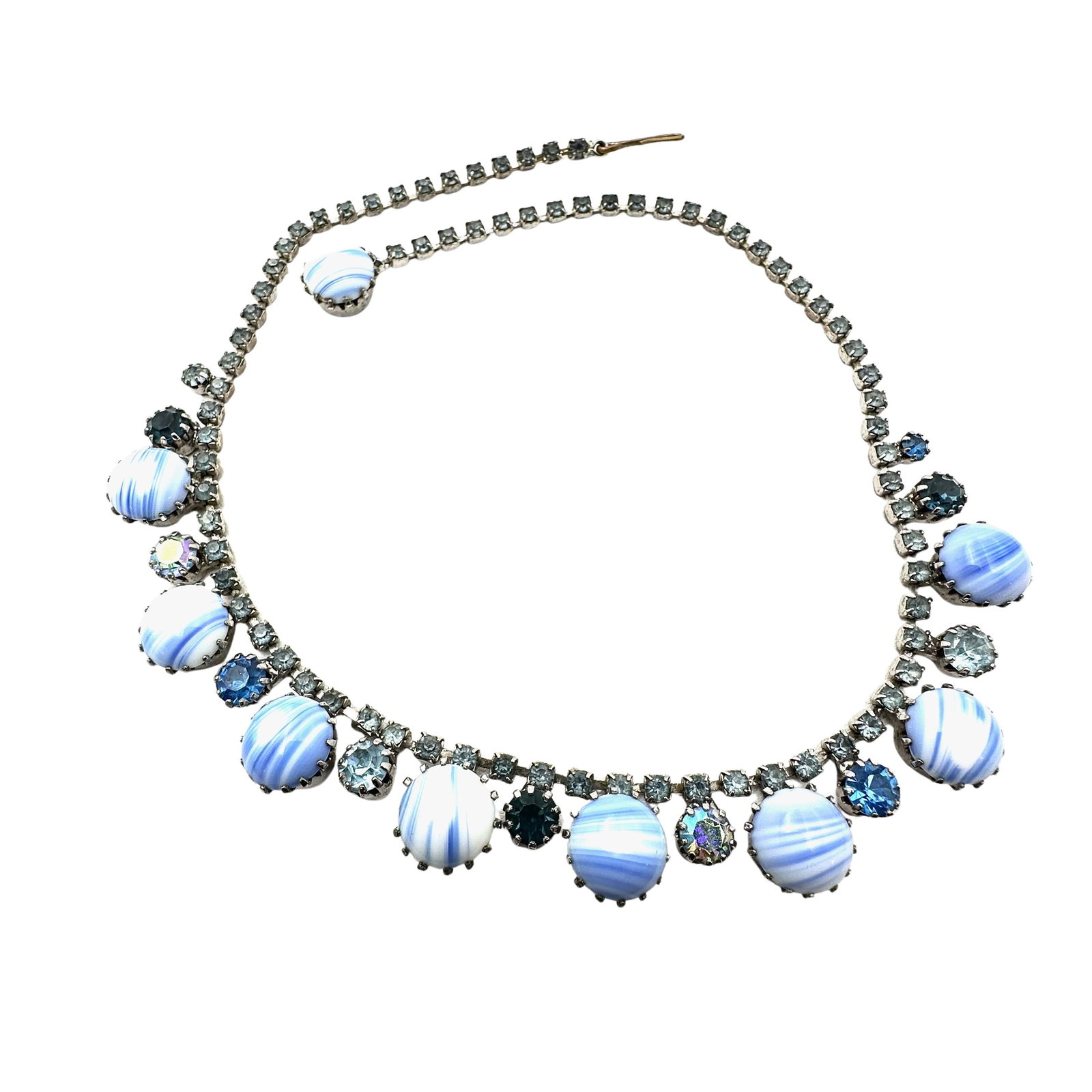 Vintage Weiss Blue White Striped Glass Rhinestone Silver Tone Necklace 15 Inch: Vintage Weiss Blue White Striped Glass Rhinestone Silver Tone Necklace 15 Inch