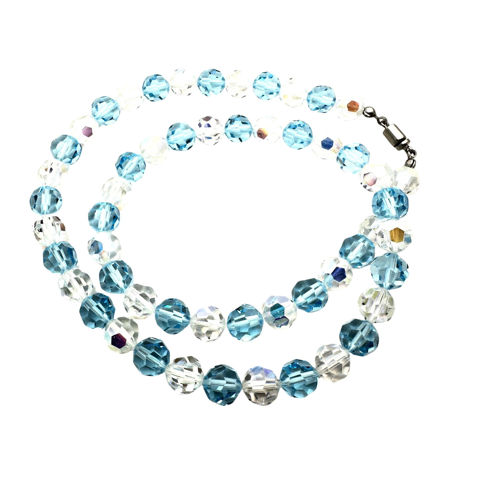 Vintage Blue Aurora Borealis Crystal Bead Necklace 17 Inch: Vintage Blue Aurora Borealis Crystal Bead Necklace 17 Inch