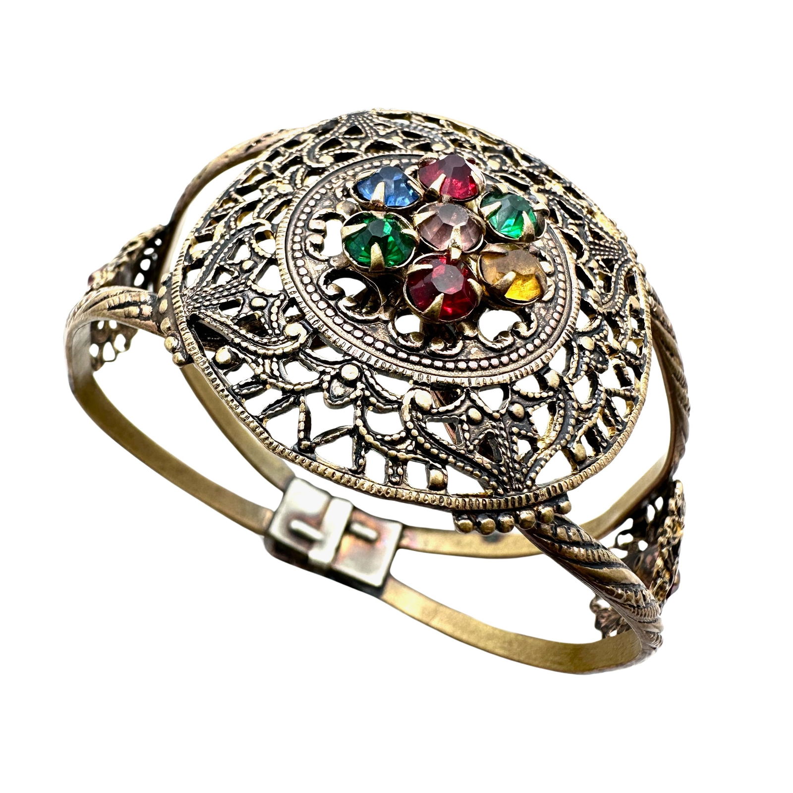 Antique Multicolor Czech Glass Antiqued Gold Tone Hinged Bangle Bracelet (1 of 2)