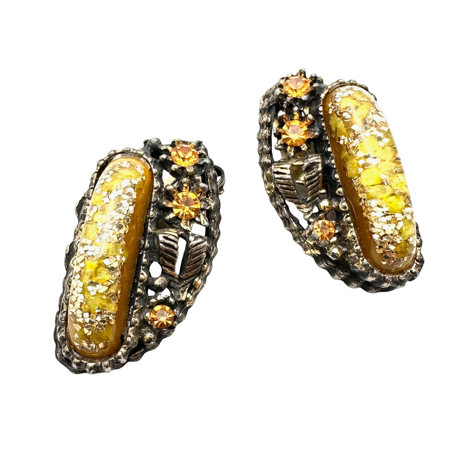Vintage Yellow Confetti Lucite Orange Rhinestone Antiqued Gold Tone Clip Earrings 1.25 Inch: Vintage Yellow Confetti Lucite Orange Rhinestone Antiqued Gold Tone Clip Earrings 1.25 Inch