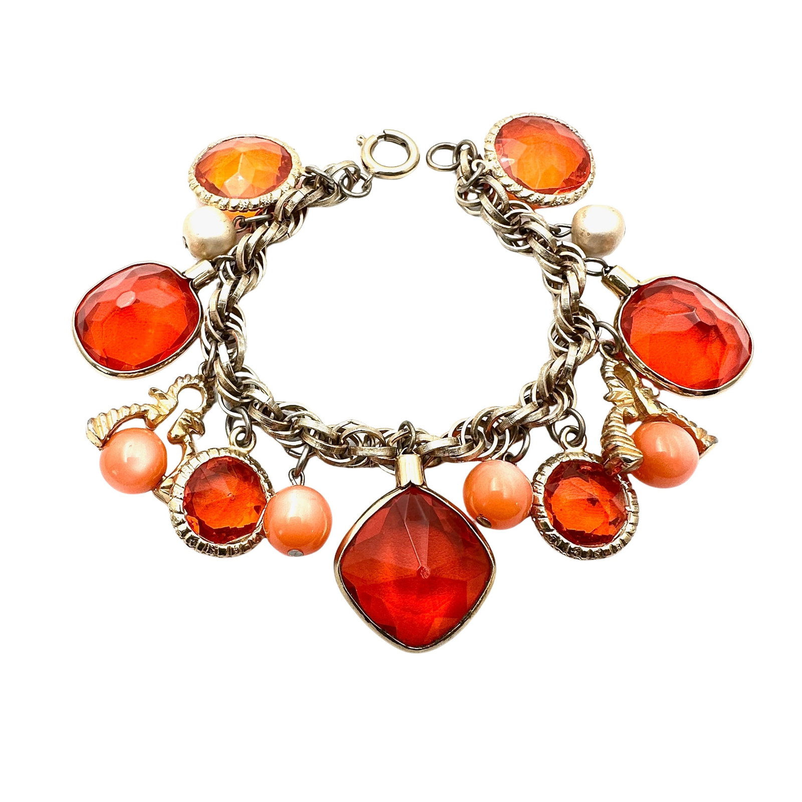 Vintage Orange Glass Charm Fob Gold Tone Bracelet 7 Inch: Vintage Orange Glass Charm Fob Gold Tone Bracelet 7 Inch