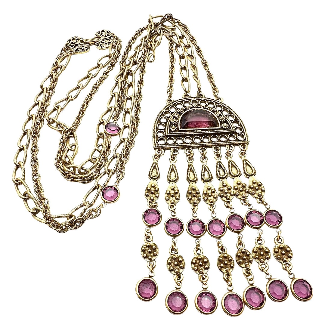 Vintage Unsigned Goldette Purple Crystal 4 Inch Pendant Multi Strand Gold Tone Necklace 24 Inch (1 of 2)