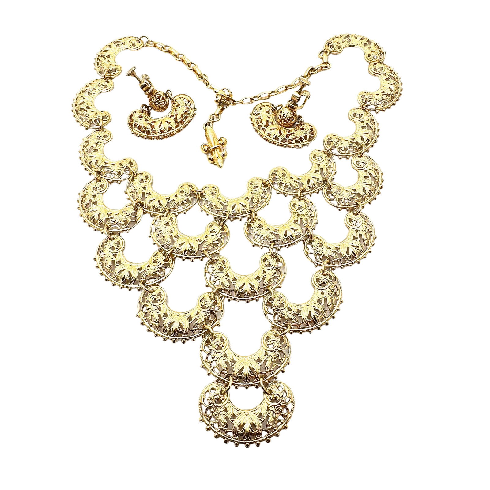 Vintage Vendome Gold Tone Filigree Bib Necklace 16 Inch Wearable Length Clip Earrings Set: Vintage Vendome Gold Tone Filigree Bib Necklace 16 Inch Wearable Length Clip Earrings Set