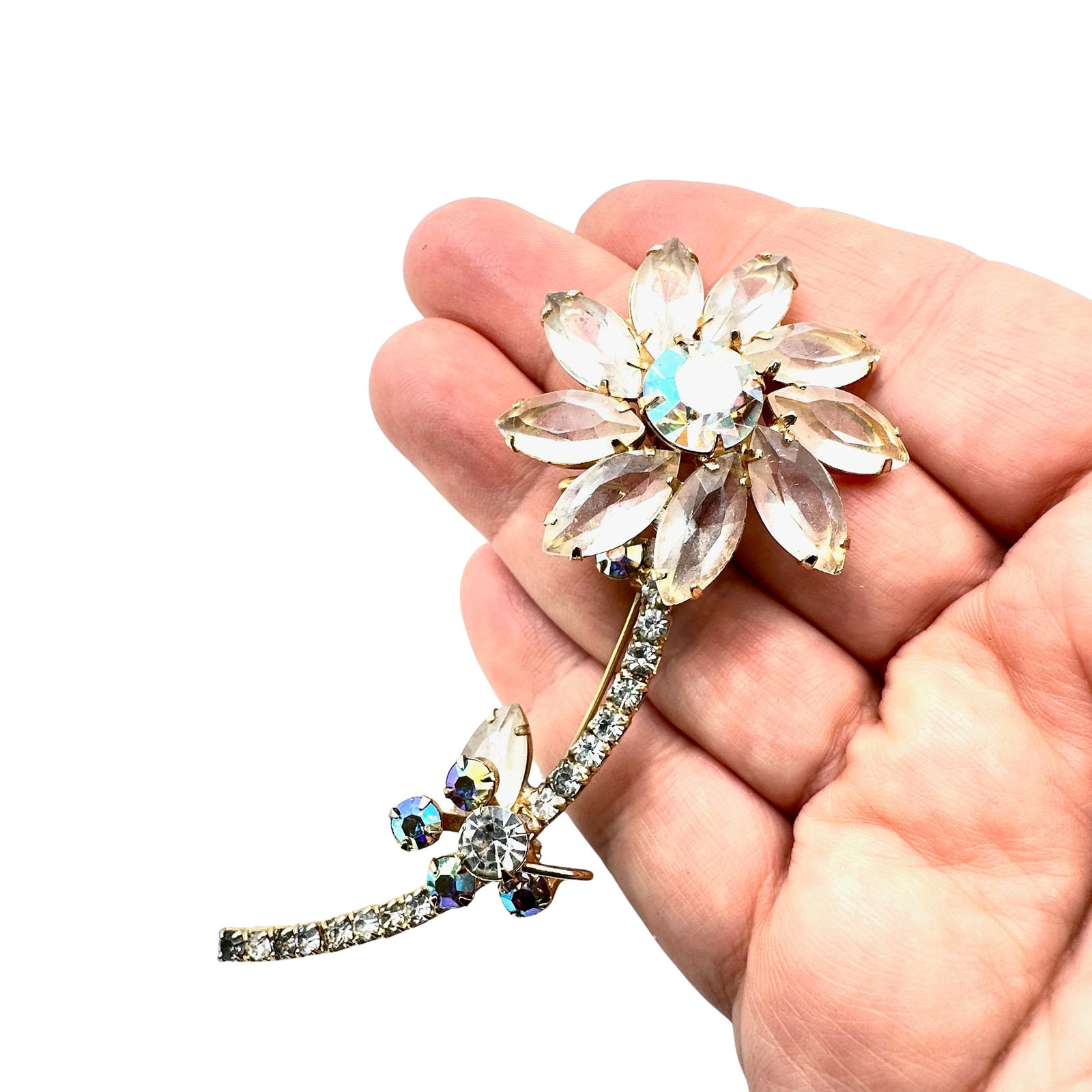 Vintage Juliana Aurora Borealis Rhinestone Gold Tone Flower Brooch Pin 3.5 Inch (1 of 2)