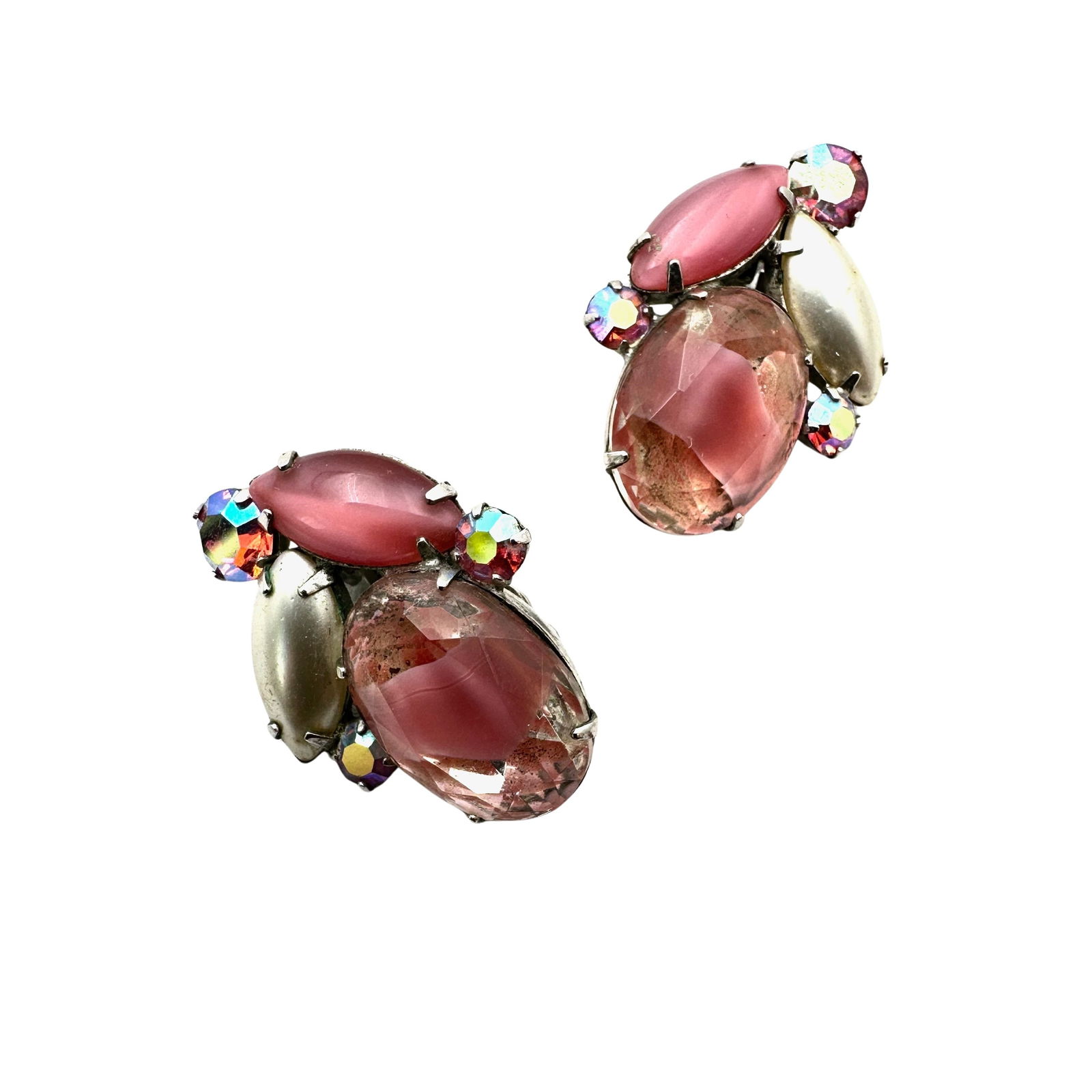 Vintage Coro Pink Givre Glass Rhinestone Silver Tone Clip Earrings 1.25 Inch: Vintage Coro Pink Givre Glass Rhinestone Silver Tone Clip Earrings 1.25 Inch