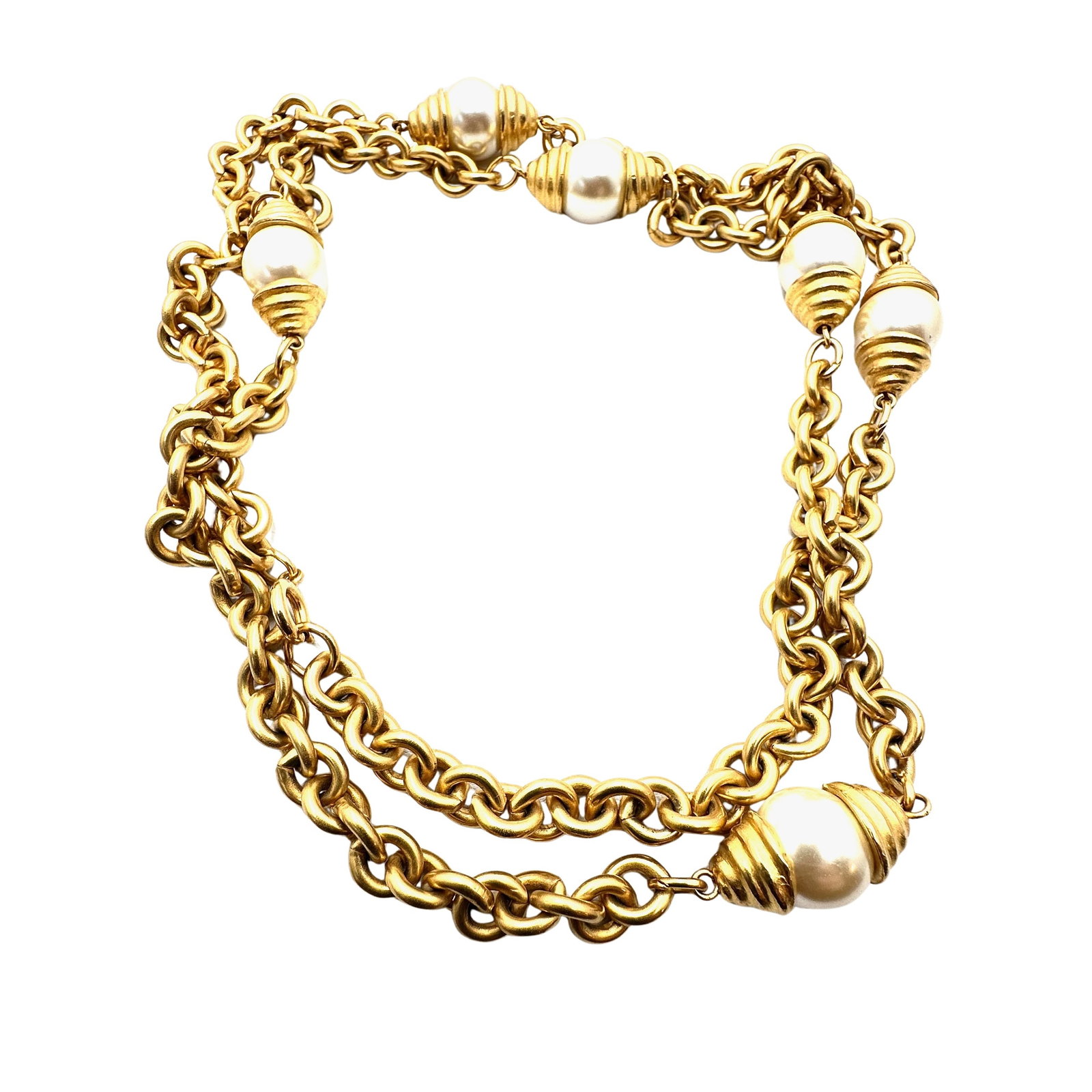 Vintage 1980s 1990s Era Matte Gold Tone Faux Glass Pearl Station Necklace Heavy Quality Made 32 Inch: Vintage 1980s 1990s Era Matte Gold Tone Faux Glass Pearl Station Necklace Heavy Quality Made 32 Inch