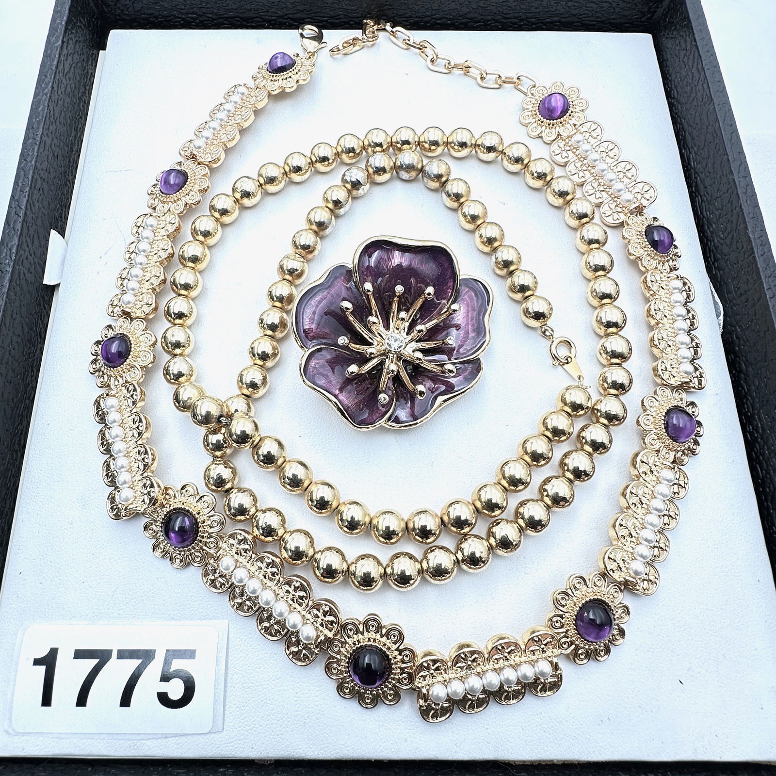 Jewelry Group Lot Vintage Monet Purple Enamel Flower Brooch Gold Tone Bead Necklace Purple Pearl: Jewelry Group Lot Vintage Monet Purple Enamel Flower Brooch Gold Tone Bead Necklace Purple Pearl Choker