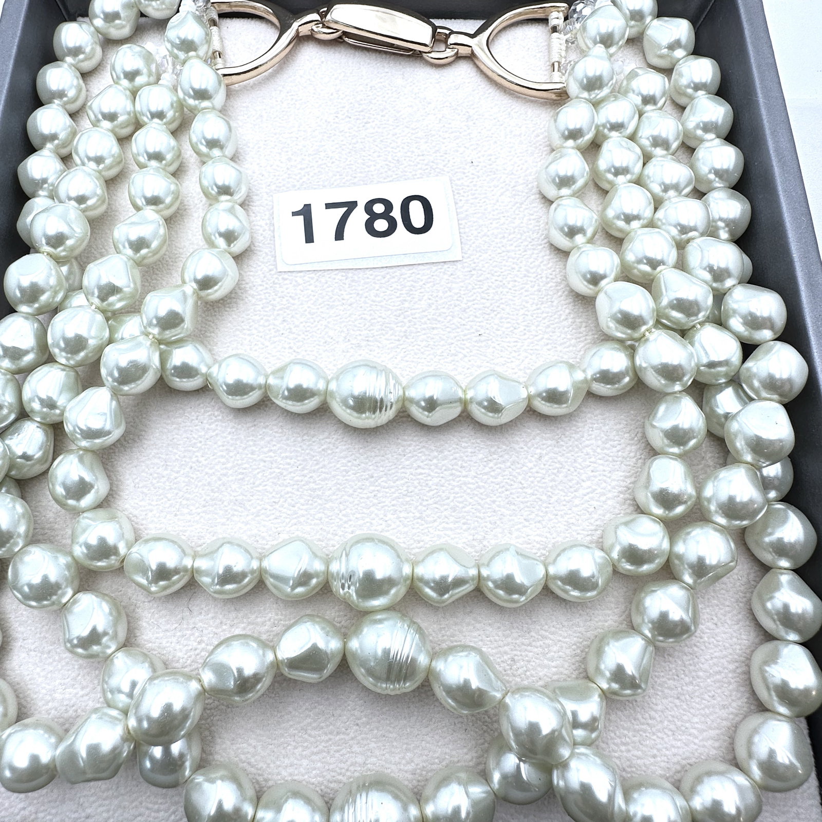 Large Heavy Four Strand Glass Pearl & Crystal Statement Necklace Heavy Quality 17 Inch Wearable: Large Heavy Four Strand Glass Pearl & Crystal Statement Necklace Heavy Quality 17 Inch Wearable Length Pristine Condition