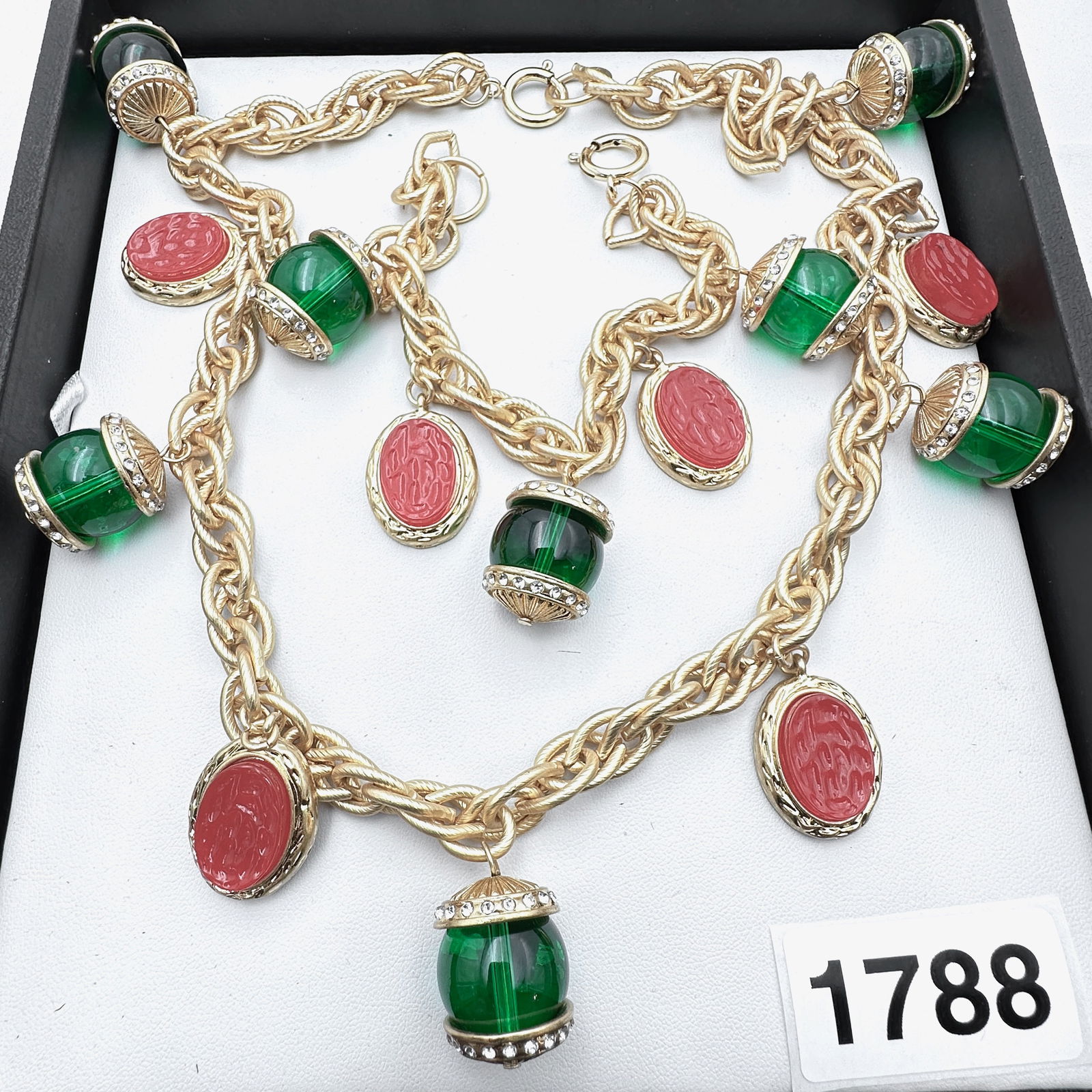 Vintage Jewelry Group Lot Matte Gold Tone Glass & Crystal Fob Necklace and Charm Bracelet: Vintage Jewelry Group Lot Matte Gold Tone Glass & Crystal Fob Necklace and Charm Bracelet