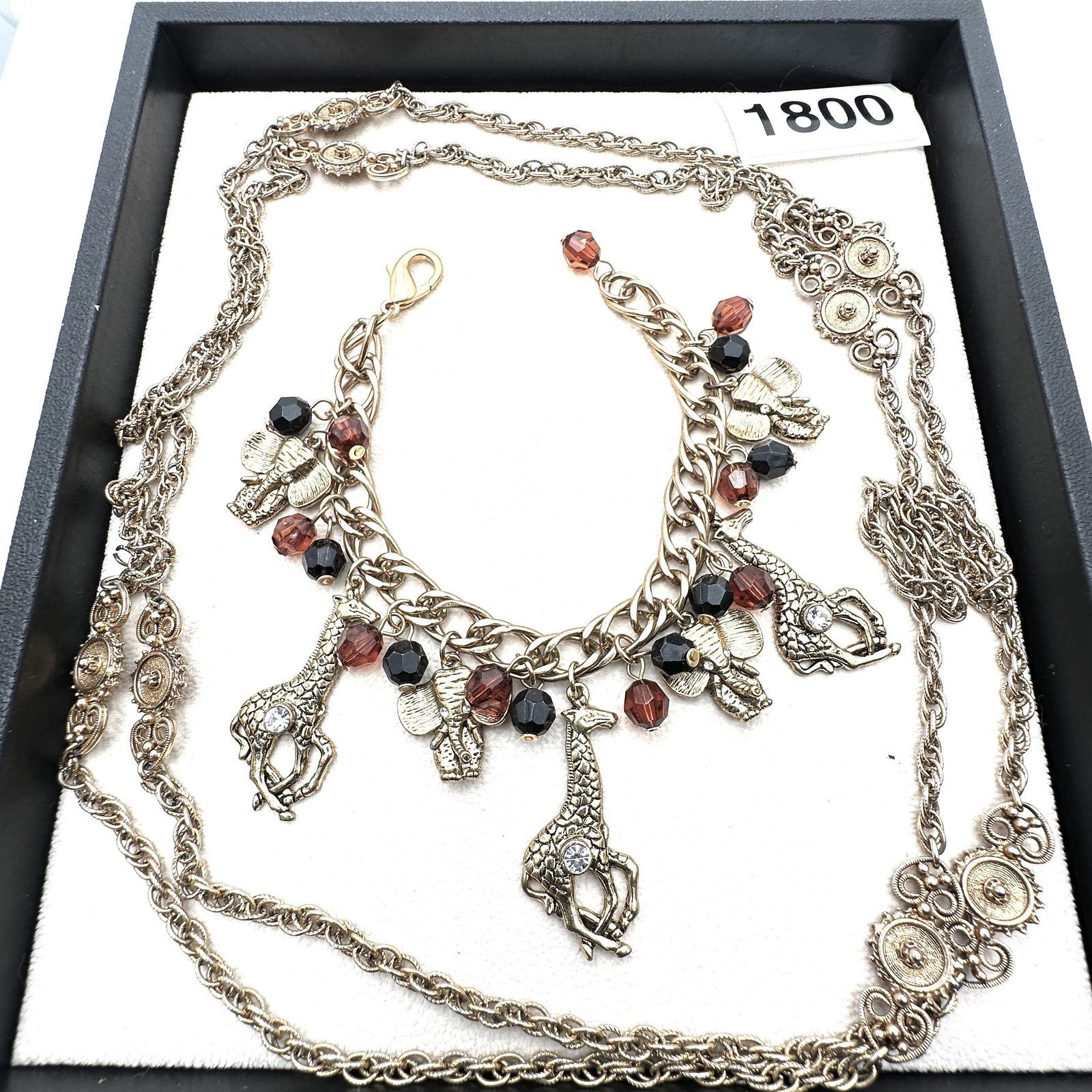 Vintage Jewelry Group Lot Antiqued Gold tone Giraffe Elephant Charm Bracelet Station Necklace: Vintage Jewelry Group Lot Antiqued Gold tone Giraffe Elephant Charm Bracelet Station Necklace