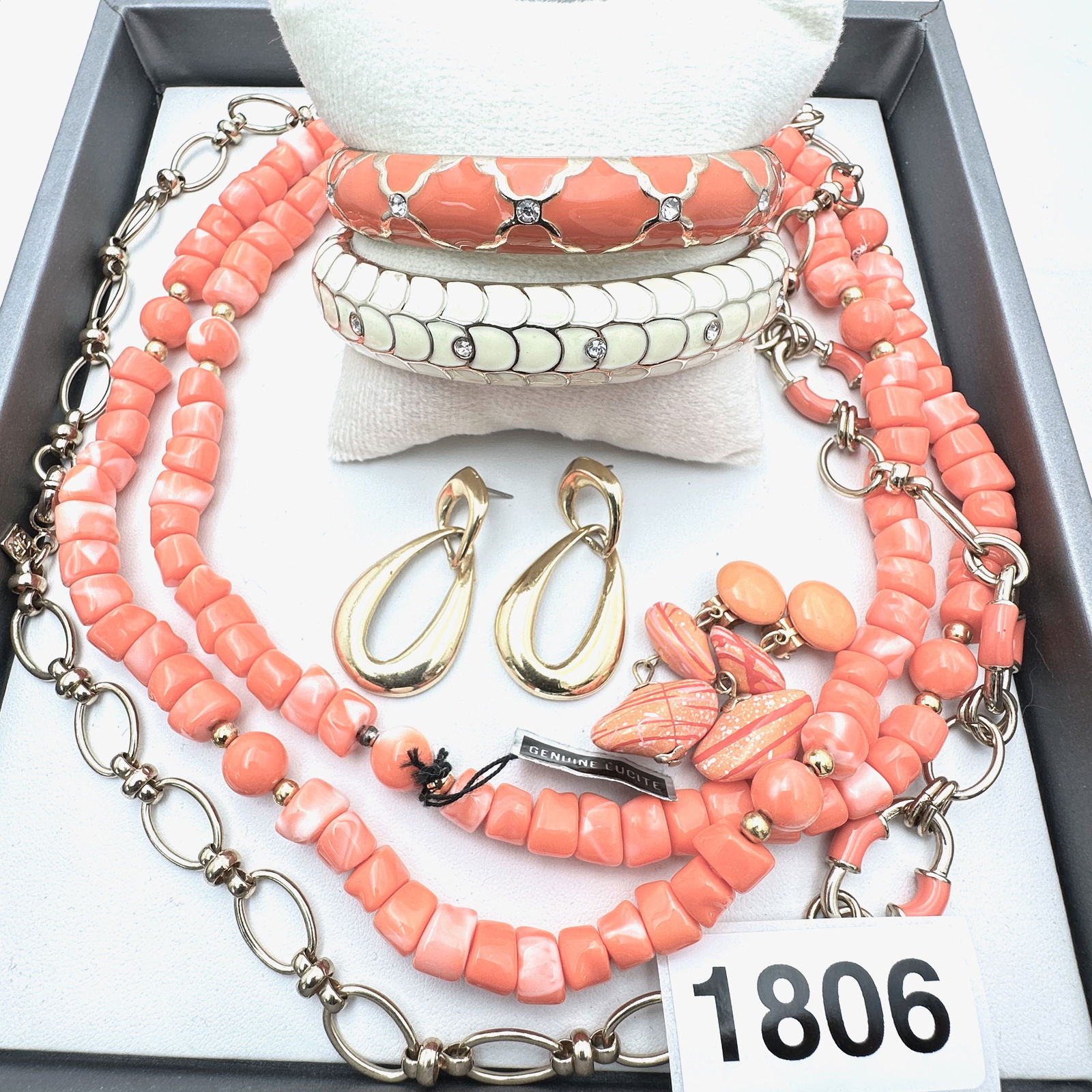 Vintage Jewelry Group Lot Coral & Off White Bangle Bracelets Lucite Faux Coral Necklace Earrings (1 of 2)