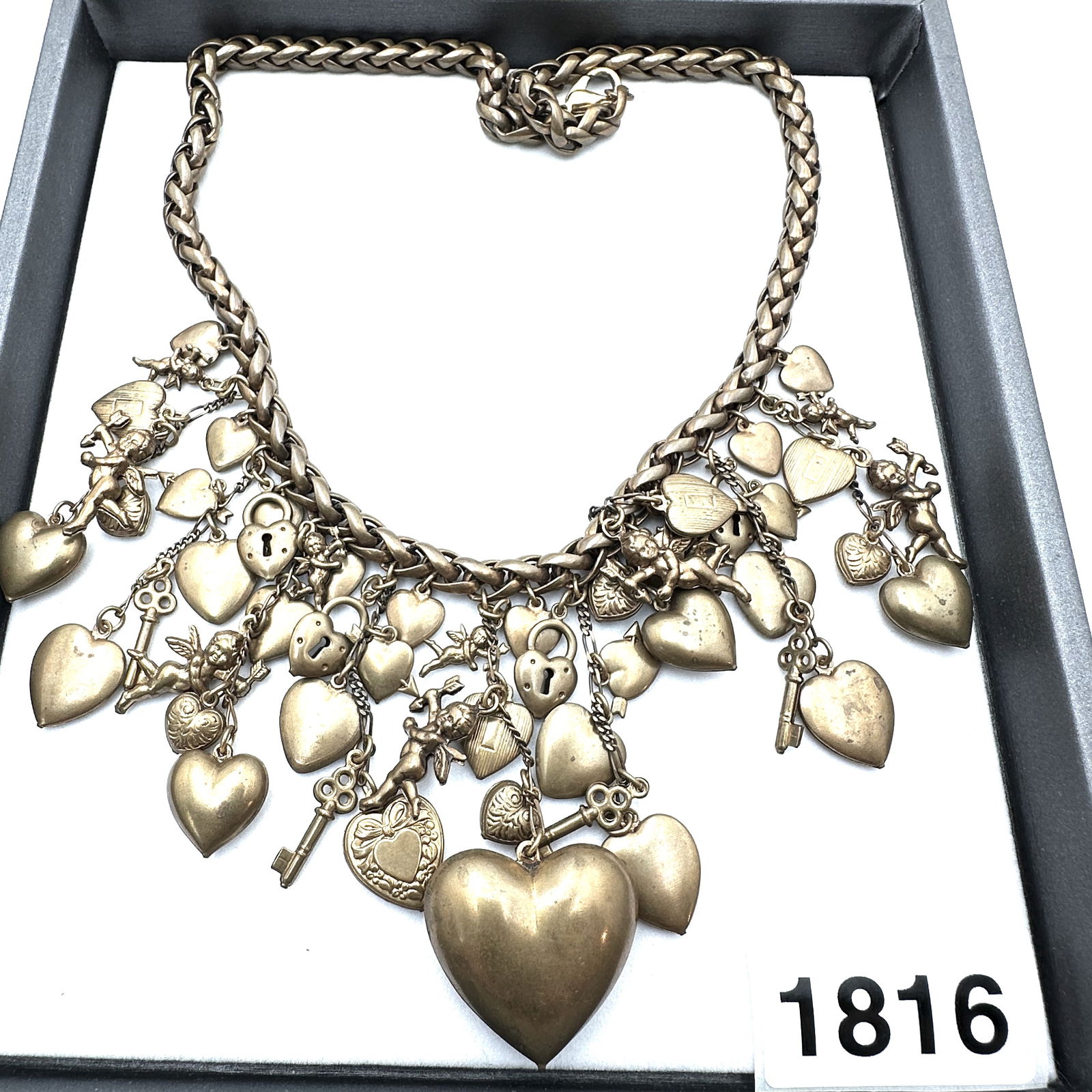 Vintage Jewelry Group Lot Antiqued Gold Tone Victorian Revival Cherub Heart Lock Bib Necklace (1 of 2)