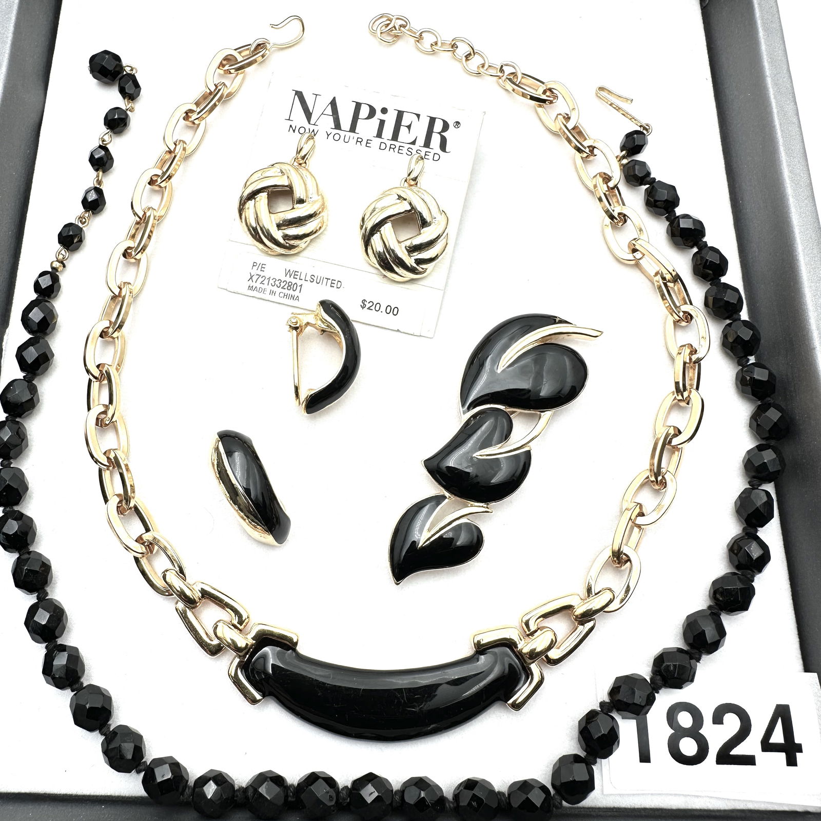 Vintage Jewelry Group Lot Napier Earrings Trifari Brooch Monet Necklace Black Glass Beads (1 of 2)