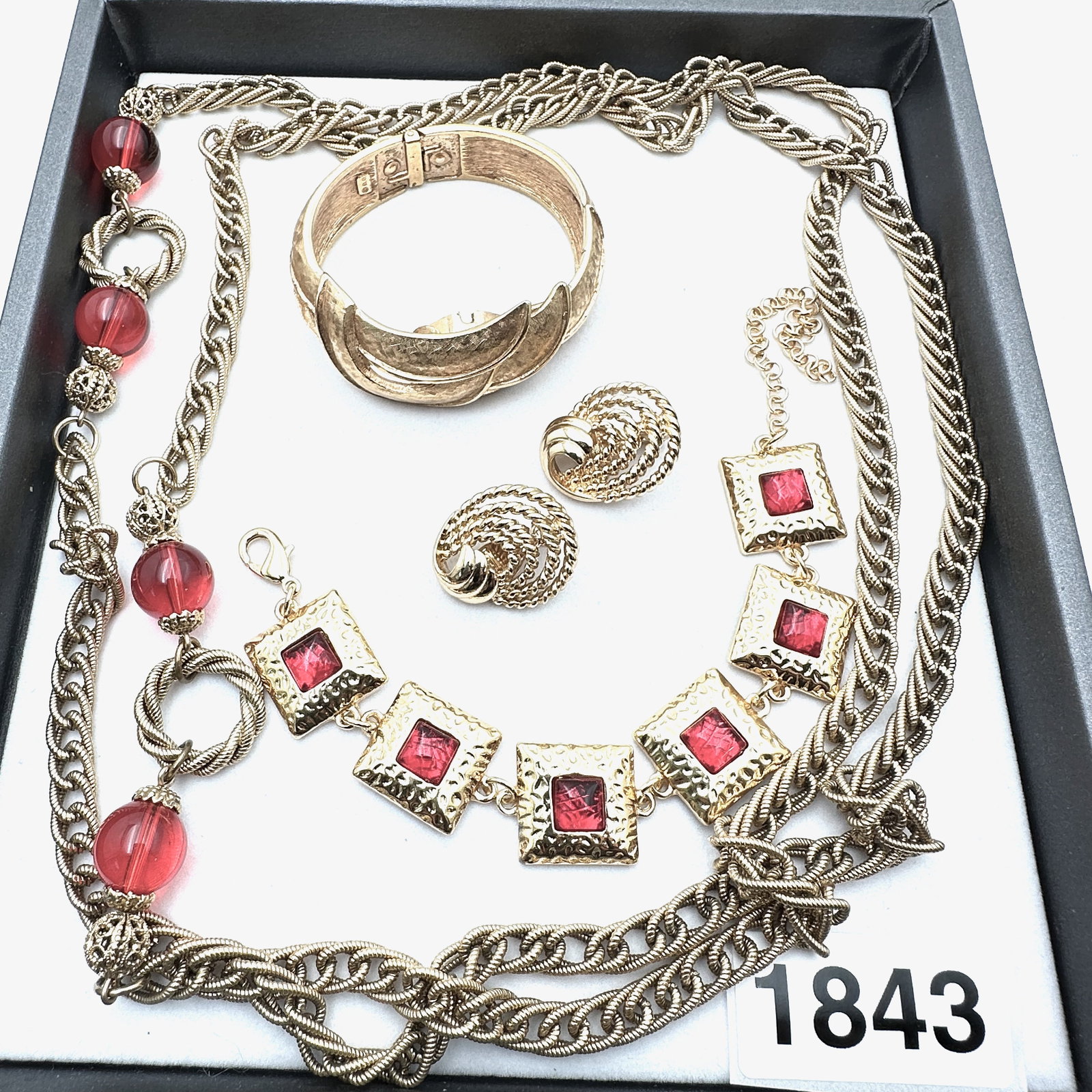 Vintage Jewelry Group Lot Gold Tone Bracelets Monet Earrings Red Bead Station Necklace: Vintage Jewelry Group Lot Gold Tone Bracelets Monet Earrings Red Bead Station Necklace