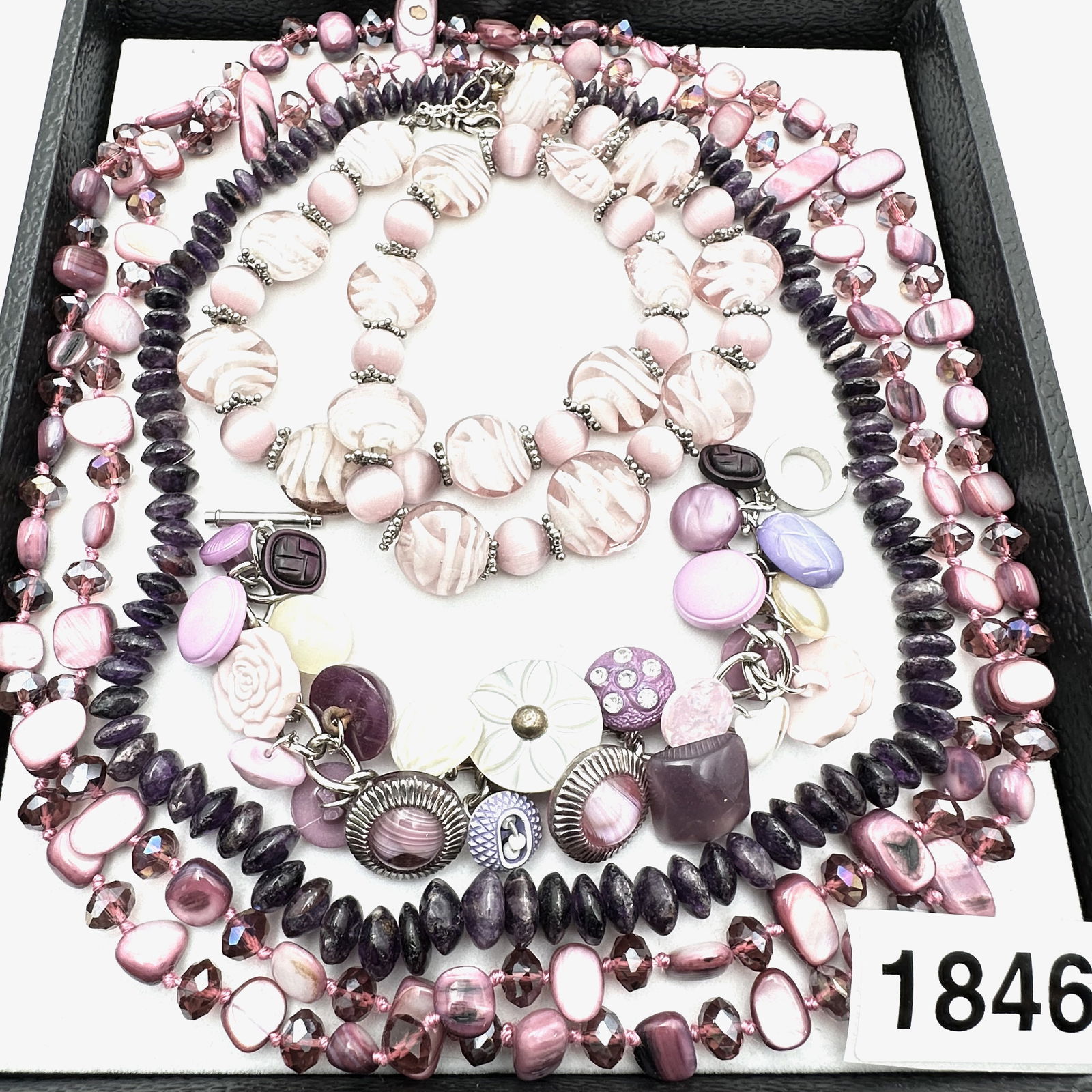 Vintage Jewelry Group Lot Purple Gemstone Pearl & Art Glass Bead Necklaces Button Charm Bracelet (1 of 2)