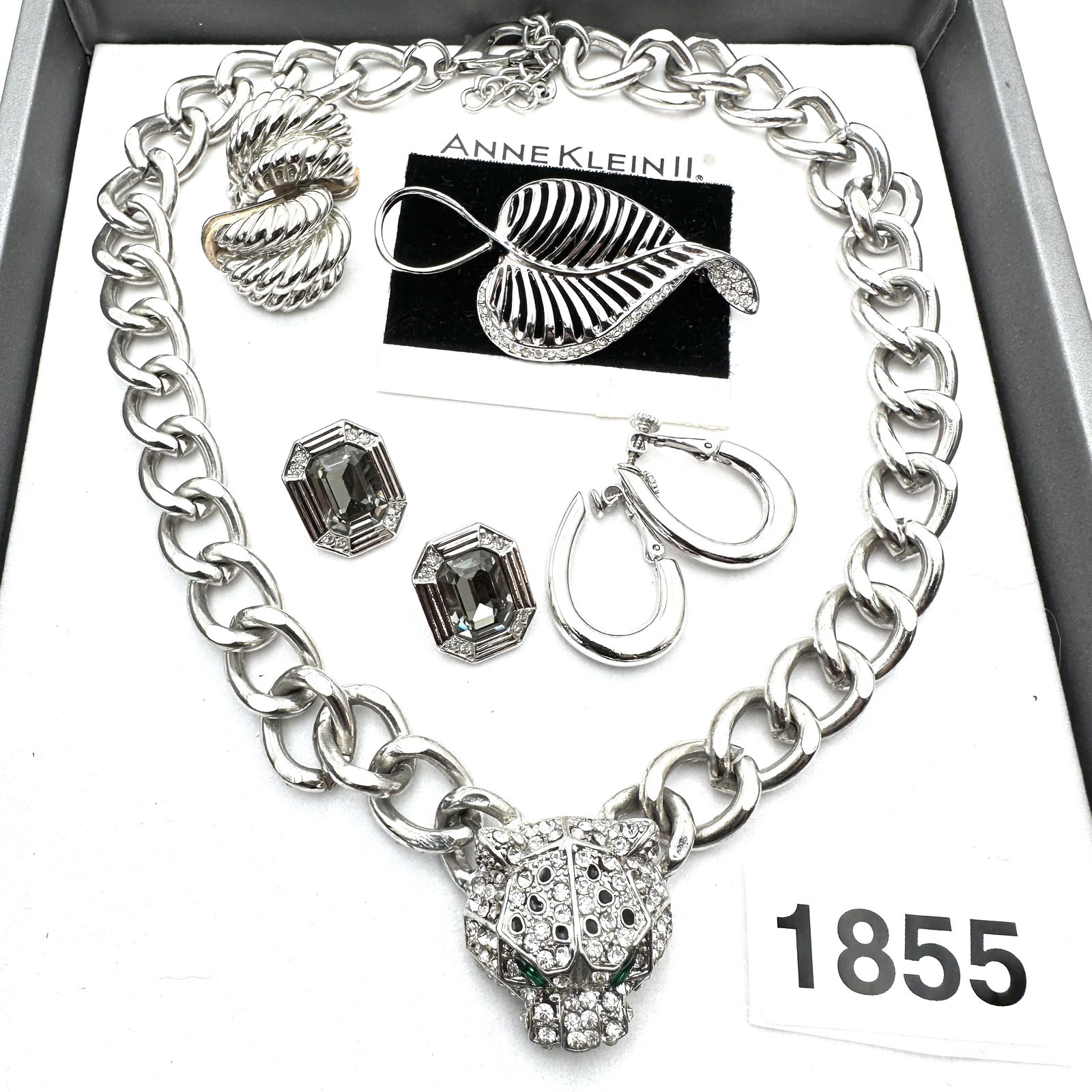 Vintage Jewelry Group Lot Silver Tone Crystal Panther Necklace Anne Klein Brooch KJL Napier Earrings: Vintage Jewelry Group Lot Silver Tone Crystal Panther Necklace Anne Klein Brooch KJL Napier Earrings