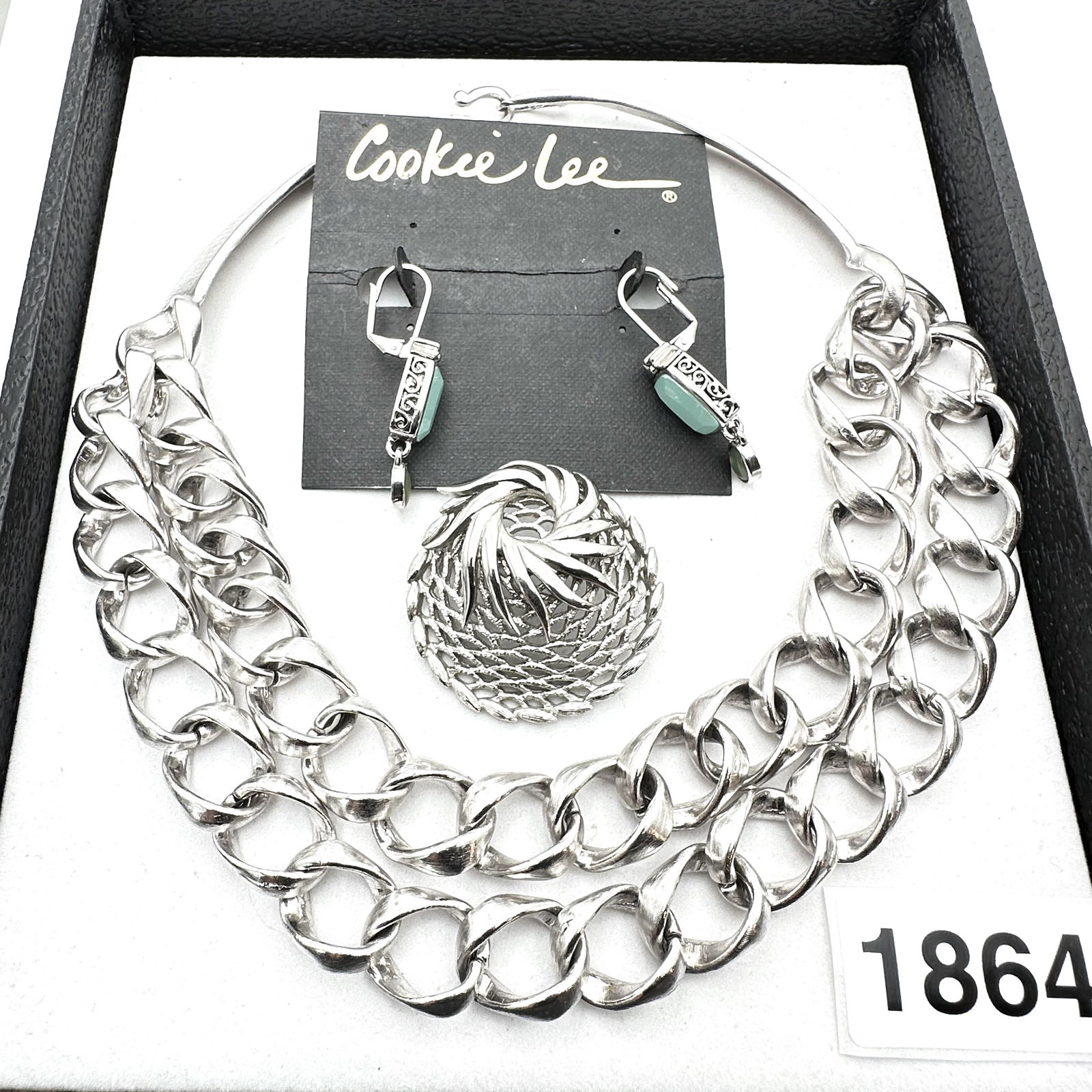 Vintage Jewelry Group Lot Silver Tone Double Chain Necklace Cookie Lee Earrings Original Card Brooch (1 of 2)