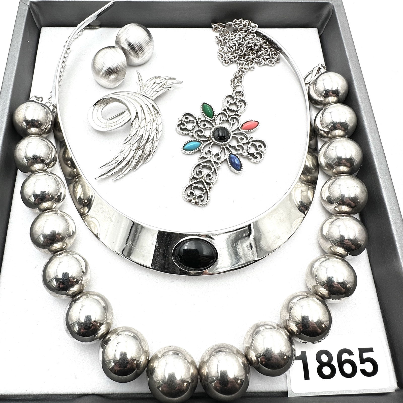 Vintage Jewelry Group Lot Silver Tone Large Bead Necklace Cross Pendant Monet Brooch Torque Necklace (1 of 2)