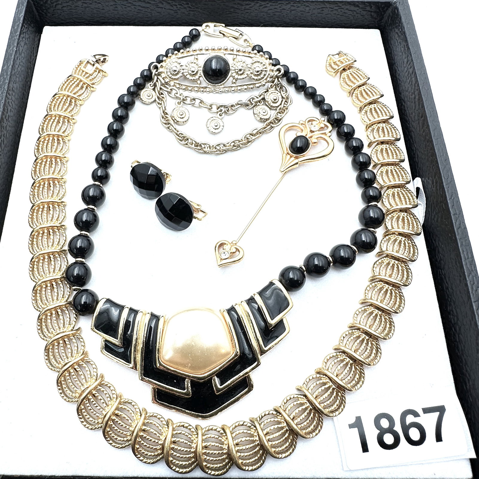 Vintage Jewelry Group Lot Gold Tone Black Enamel Faux Pearl Napier Necklaces Clip Earrings Brooches: Vintage Jewelry Group Lot Gold Tone Black Enamel Faux Pearl Napier Necklaces Clip Earrings Brooches