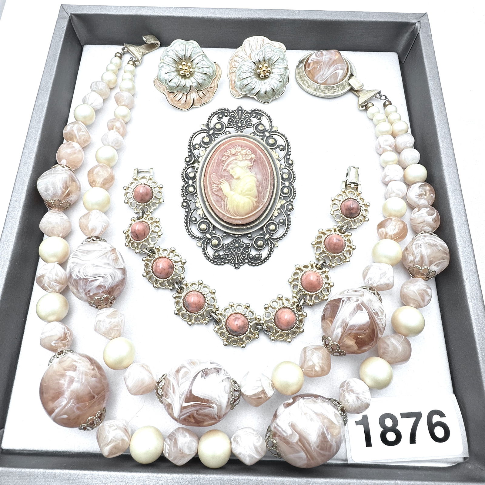 Vintage Jewelry Group Monet Enamel Flower Earrings Lucite Bead Necklace Faux Coral Bracelet Cameo (1 of 2)