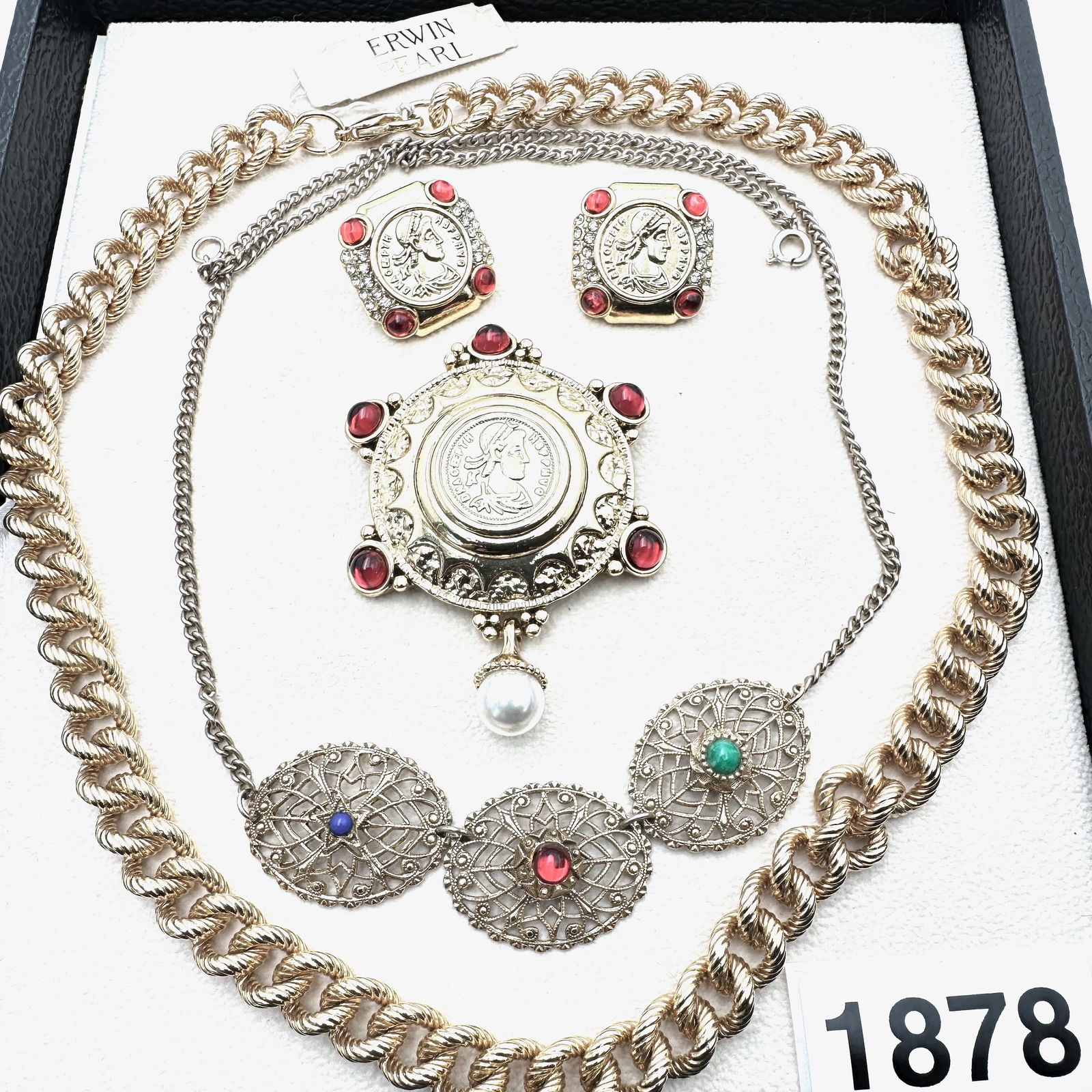 Vintage Jewelry Group Erwin Pearl Necklace Red Cabochon Coin Pierced Earrings And Brooch: Vintage Jewelry Group Erwin Pearl Necklace Red Cabochon Coin Pierced Earrings And Brooch