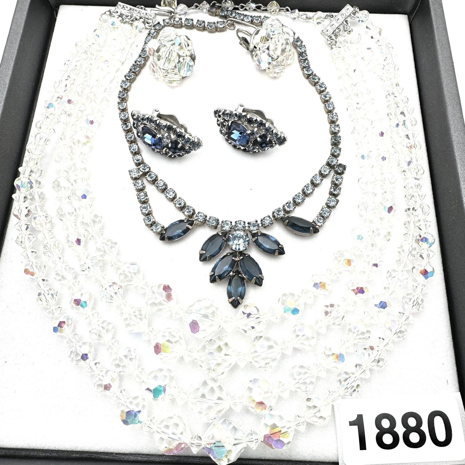 Vintage Jewelry Group Aurora Borealis 4 Strand Necklace & Earrings Blue Rhinestone Earrings Necklace: Vintage Jewelry Group Aurora Borealis 4 Strand Necklace & Earrings Blue Rhinestone Earrings Necklace