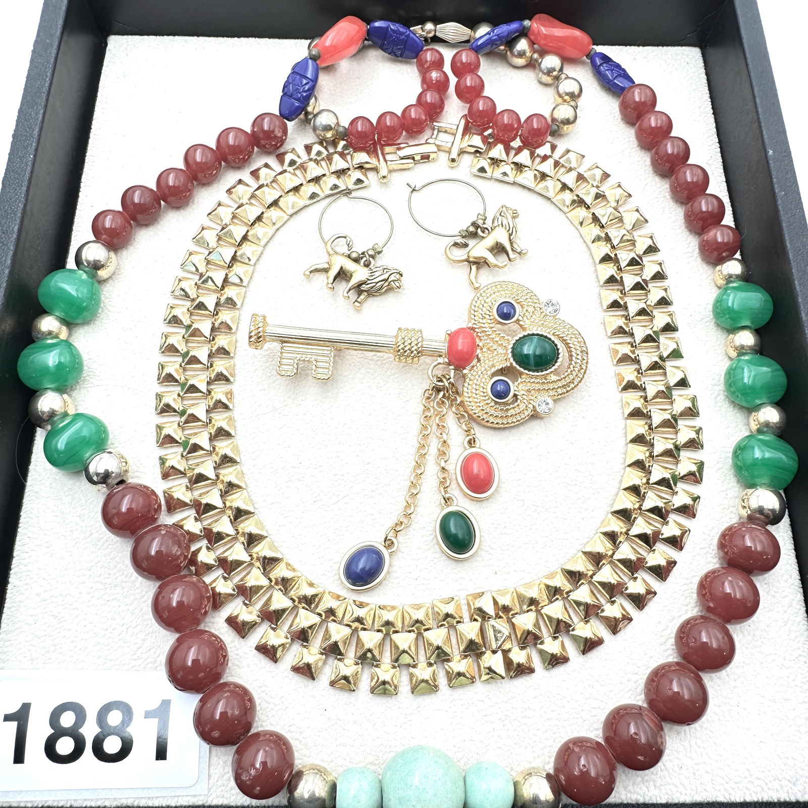 Vintage Jewelry Group Glass Bead Necklace Egyptian Revival Choker Key Brooch Lion Pierced Earrings: Vintage Jewelry Group Glass Bead Necklace Egyptian Revival Choker Key Brooch Lion Pierced Earrings
