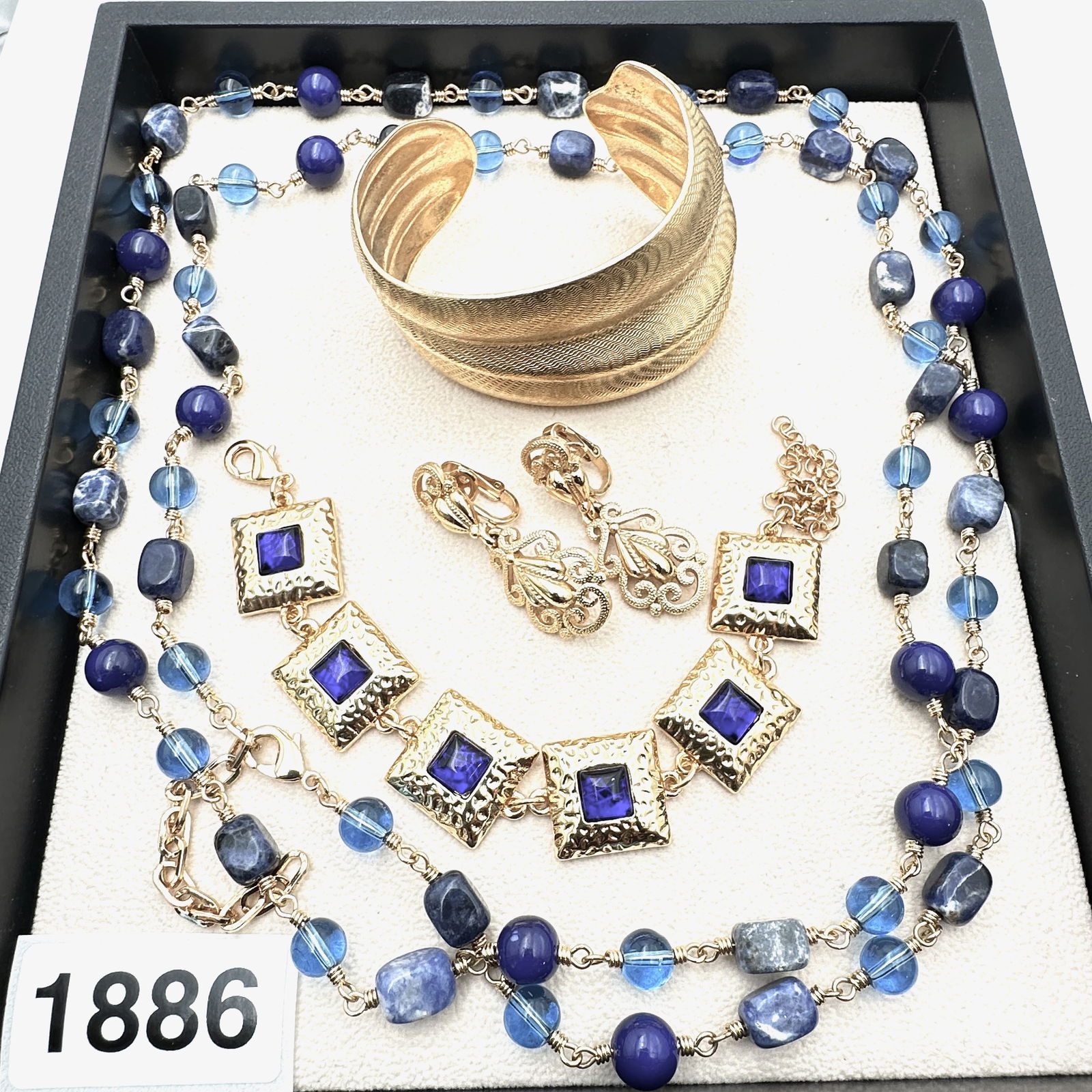 Vintage Jewelry Group Trifari Clip Earrings Blue Glass Beads Cuff Bracelet Gold Tone: Vintage Jewelry Group Trifari Clip Earrings Blue Glass Beads Cuff Bracelet Gold Tone