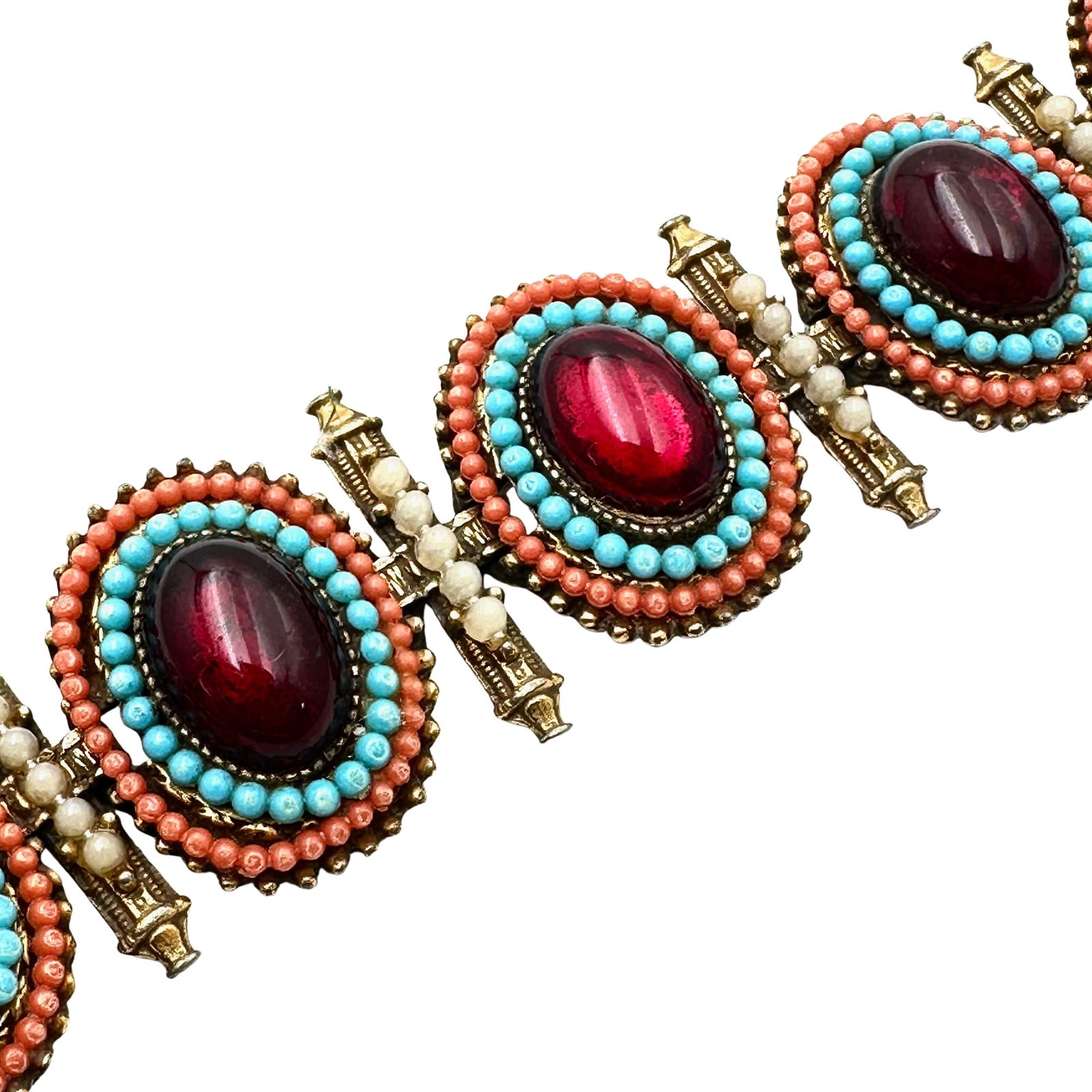 Vintage Arthur Pepper ART Faux Turquoise Red Cabochon Wide Gold Tone Bracelet 6.5 Inch (1 of 3)