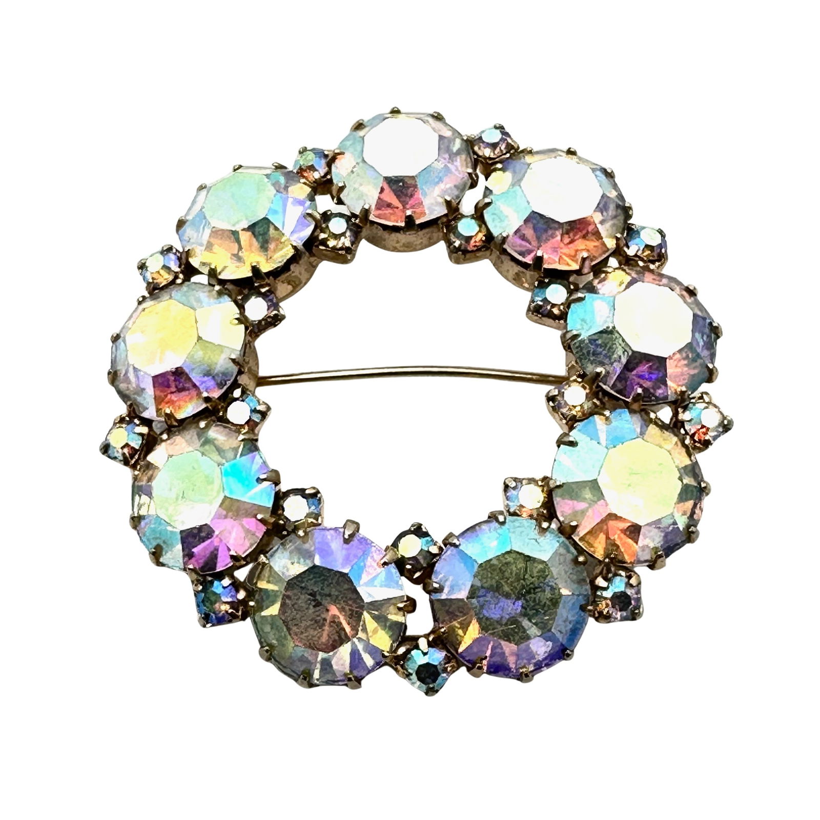 Vintage Karu Aurora Borealis Glass Rhinestone Circle Brooch Pin Gold Tone 1.75 Inch (1 of 2)