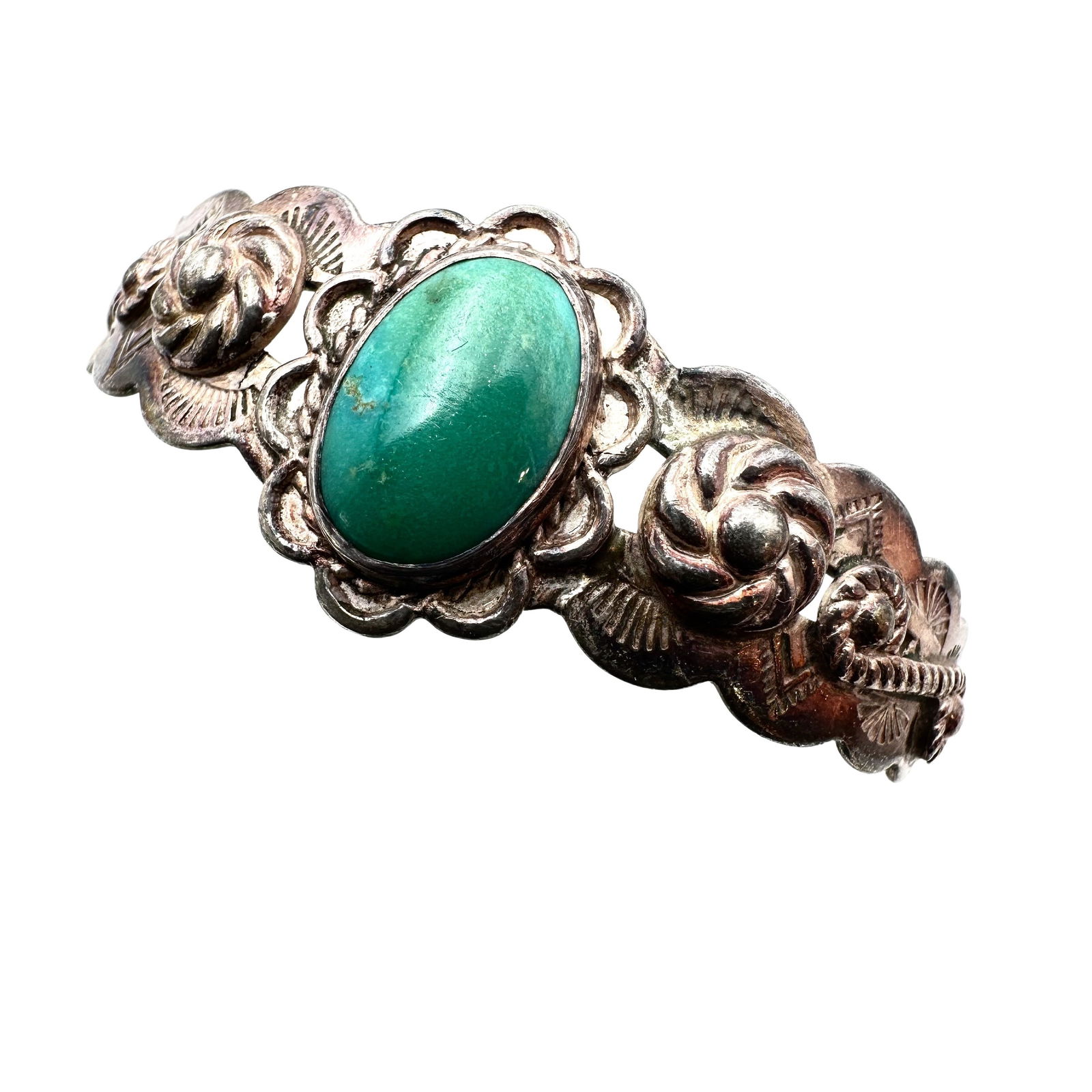 Vintage Turquoise Silver Tone Cuff Bracelet Adjustable Size Not Sterling Silver Marked Coin Silver (1 of 2)