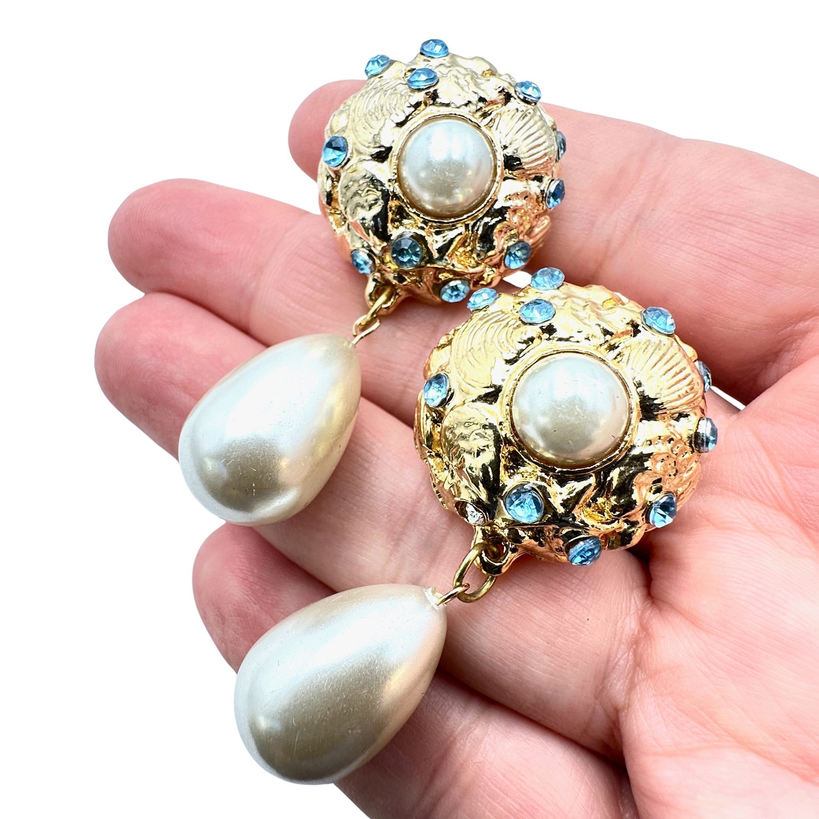Vintage Blue Rhinestone Faux Pearl Gold Tone Clip Earrings 2 Inch: Vintage Blue Rhinestone Faux Pearl Gold Tone Clip Earrings 2 Inch