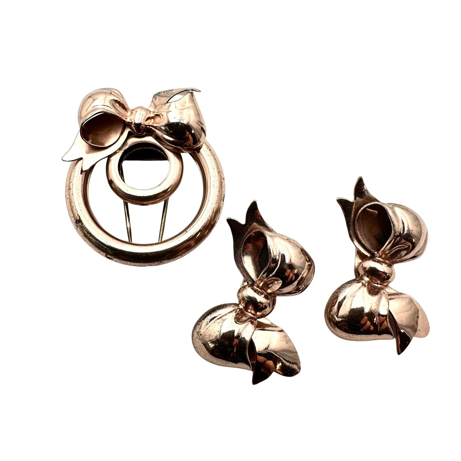 Vintage Monet Rose Gold Over Sterling Silver Bow Design Fur Dress Clip & Clip Earrings Set (1 of 2)