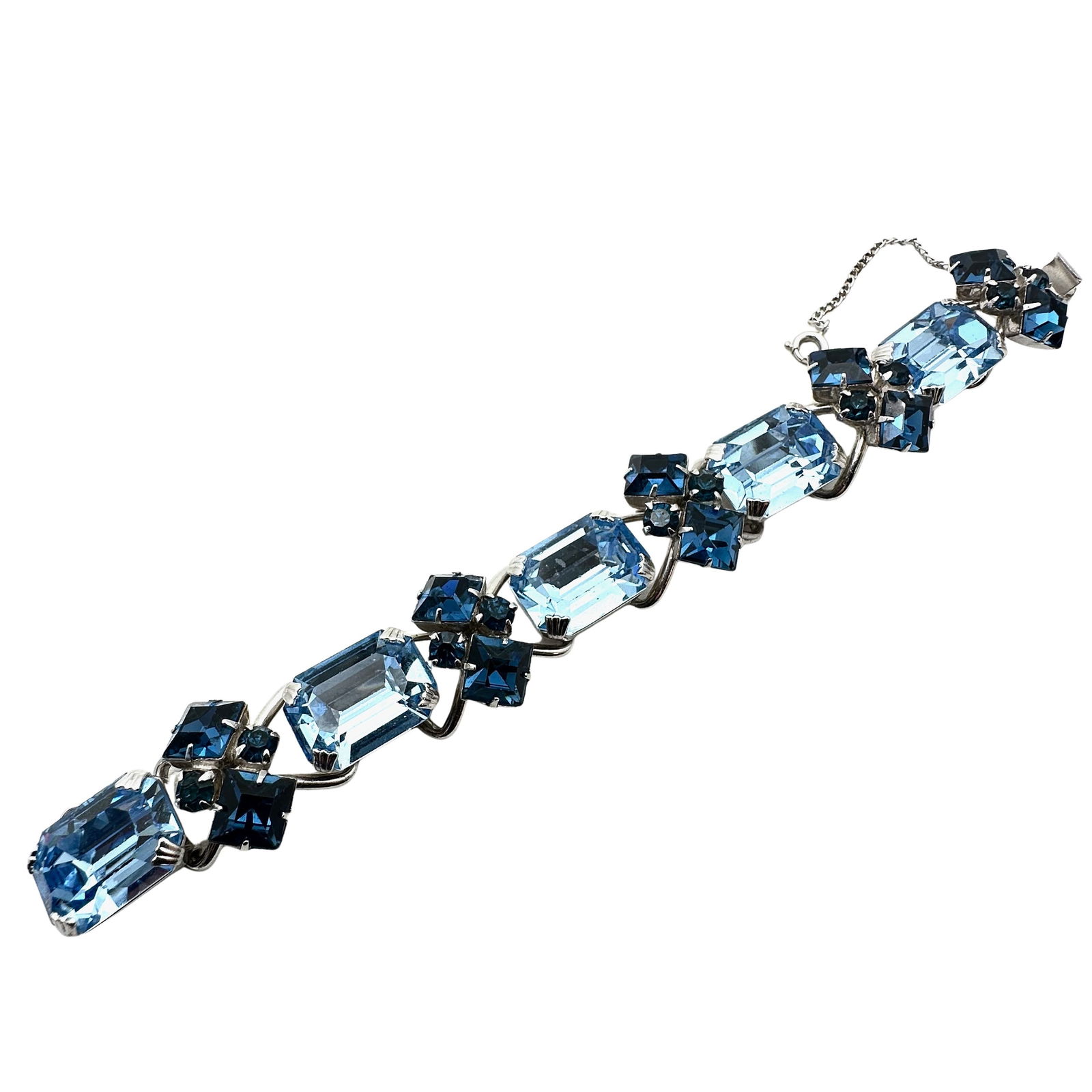 Vintage Light And Dark Blue Glass Rhinestone Silver Tone Bracelet 6.5 Inch Unusual Construction (1 of 3)